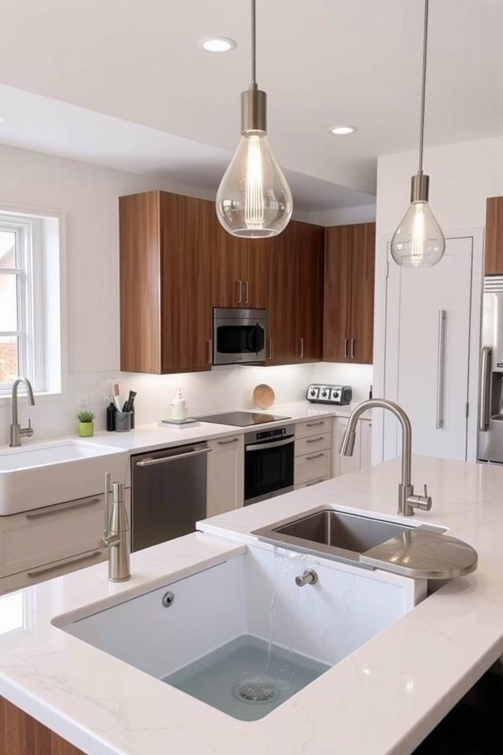 A contemporary kitchen featuring unique sink designs that enhance functionality. The space includes a large farmhouse sink paired with sleek cabinetry and modern appliances, creating a seamless flow between style and practicality. The kitchen island showcases a striking under-mount sink with a waterfall countertop that complements the overall aesthetic. Bright pendant lights hang above, illuminating the workspace while adding a touch of elegance to the design.