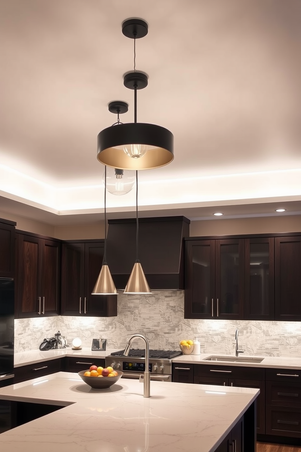 A contemporary kitchen design featuring layered lighting that enhances both ambiance and utility. The space includes pendant lights above the island, recessed lighting in the ceiling, and under-cabinet illumination to create a warm and inviting atmosphere.