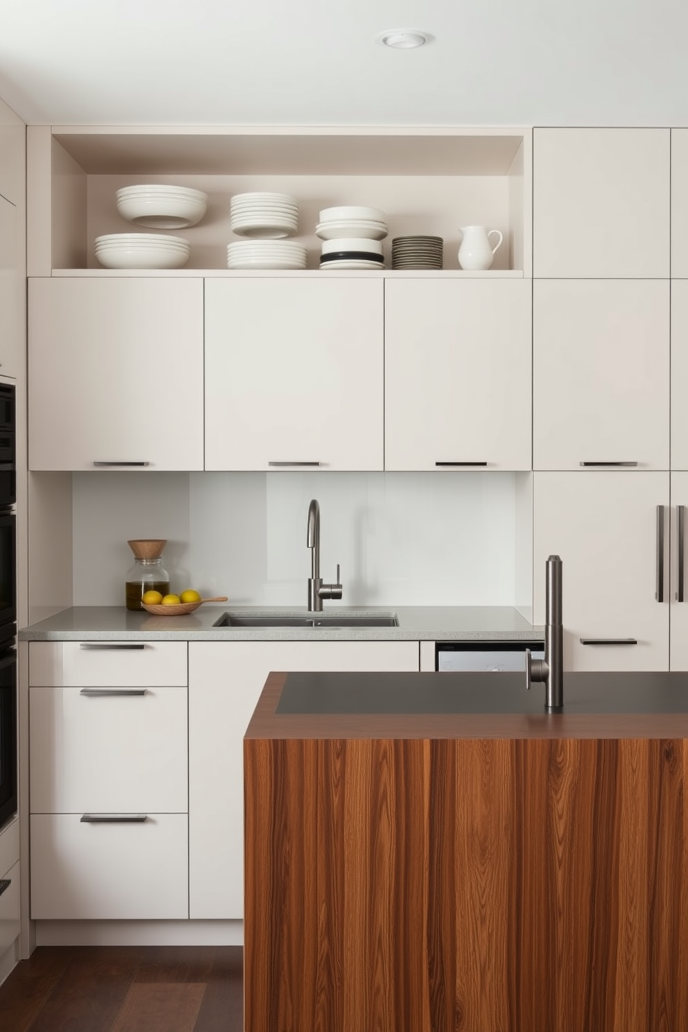 Custom cabinetry for personalized storage. The kitchen features sleek, handle-less cabinets in a soft matte finish, providing a seamless look. The island showcases a contrasting darker wood with a waterfall countertop, perfect for meal prep and casual dining. Open shelving above the sink displays curated dishware, adding a personal touch to the contemporary design.