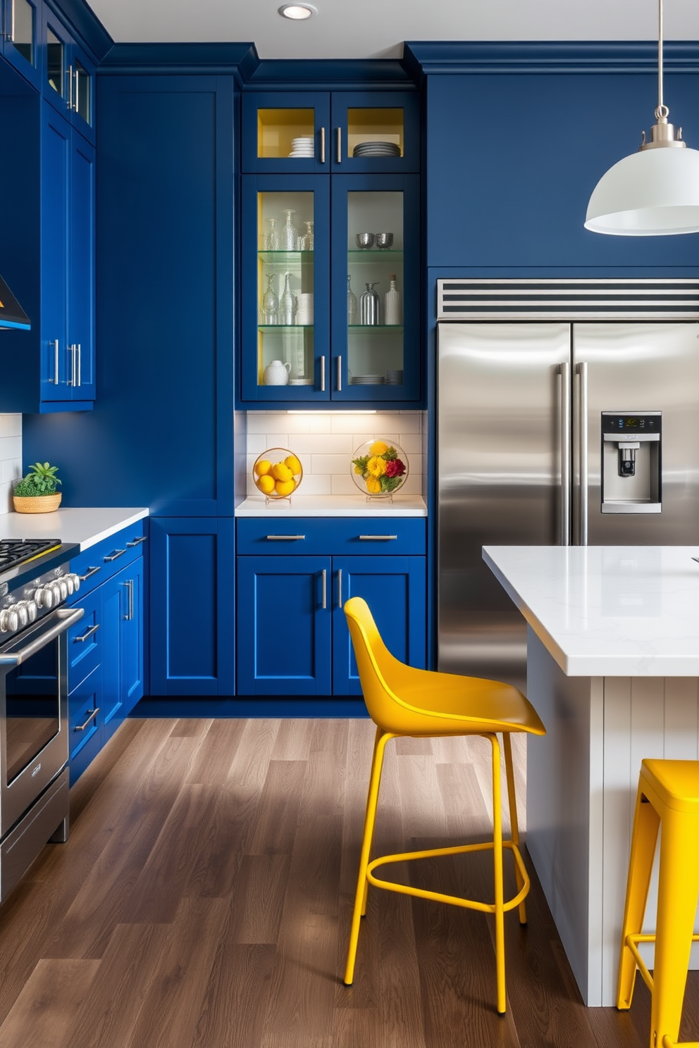 A contemporary kitchen featuring bold accent colors such as deep blue cabinetry and vibrant yellow bar stools. The space includes a large island with a white quartz countertop and sleek stainless steel appliances, creating a striking contrast with the colorful elements.