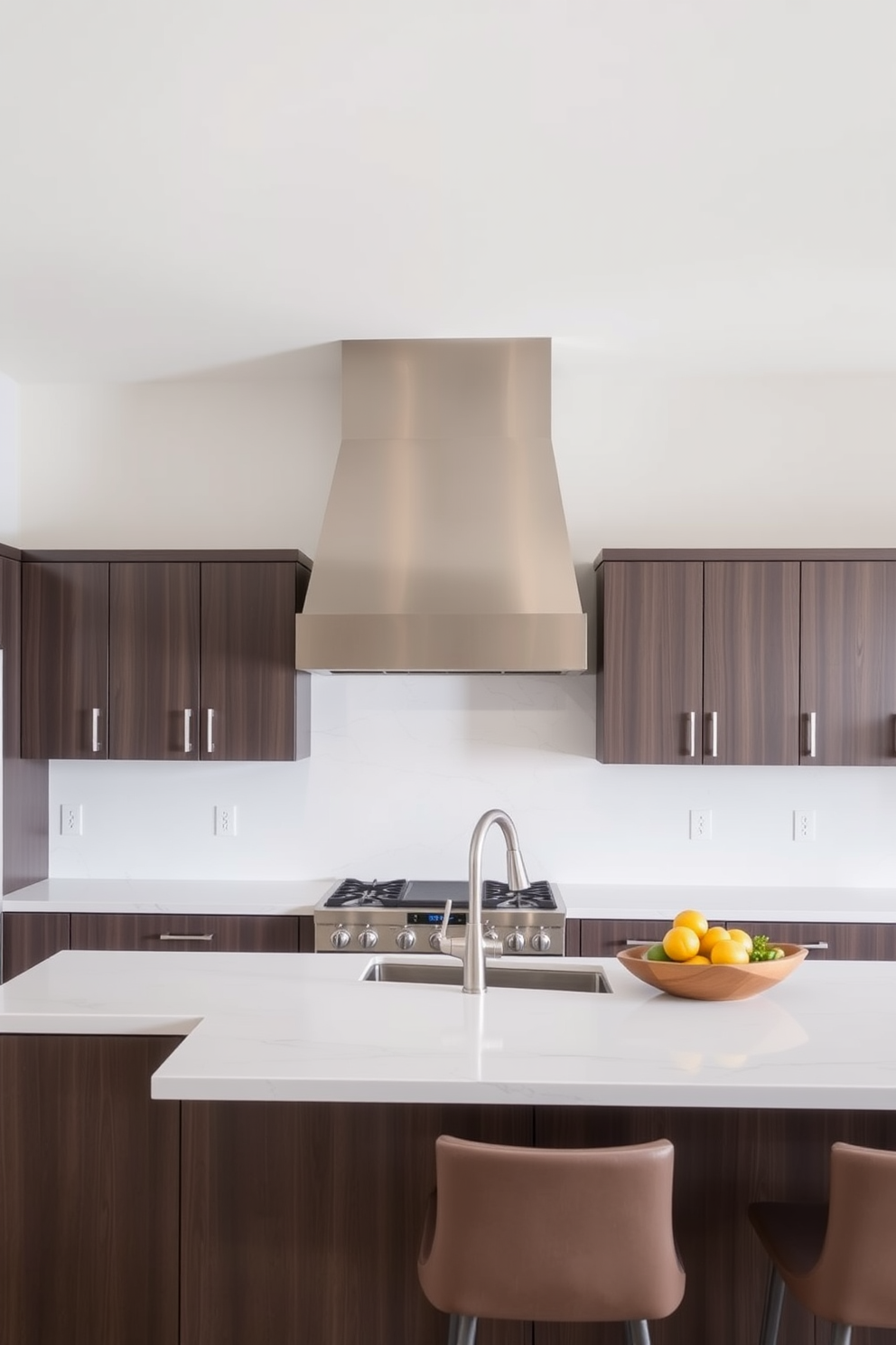 A contemporary kitchen features a statement range hood that serves as a focal point above a spacious island. The cabinetry is sleek and minimalist, complemented by quartz countertops and modern stainless steel appliances.