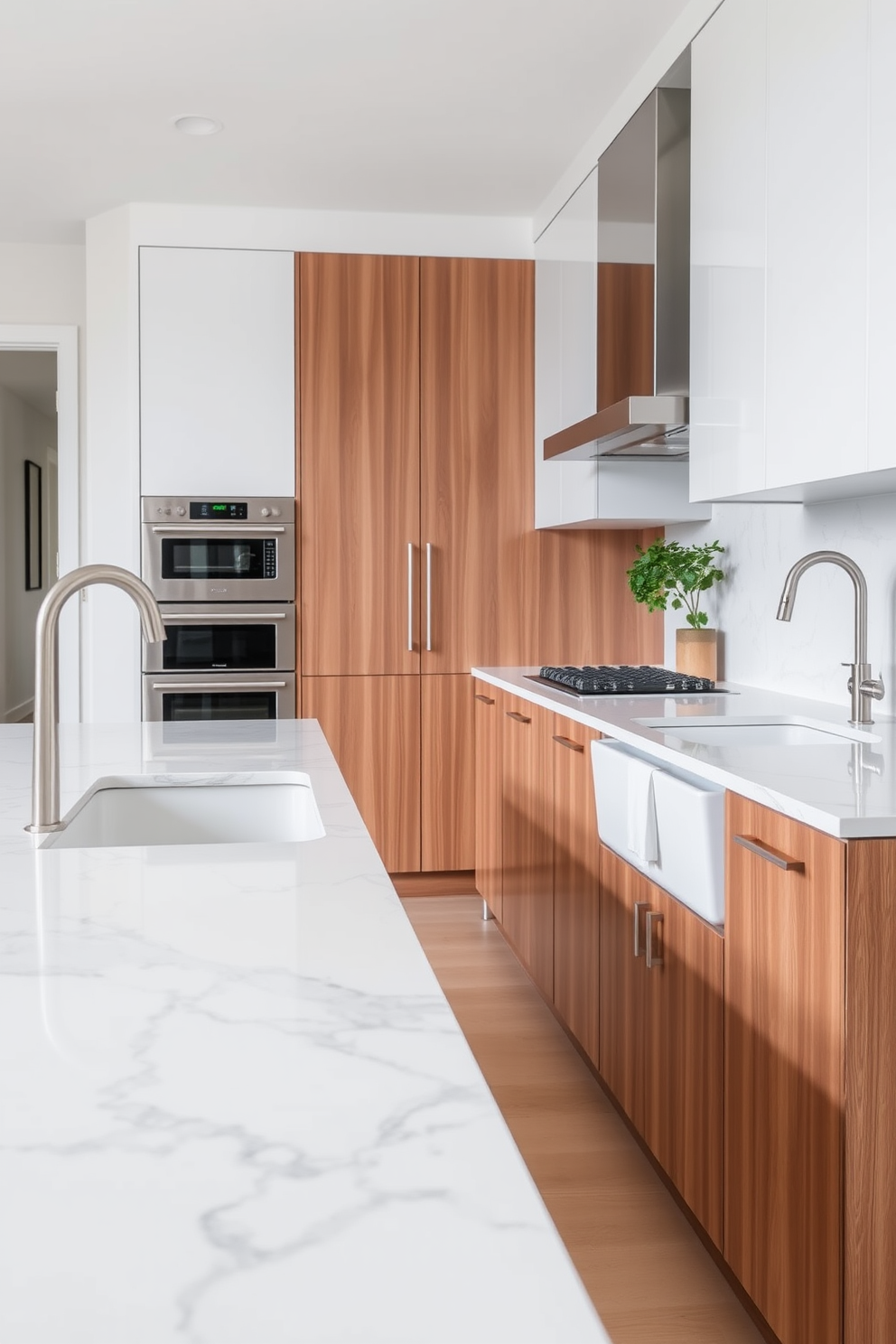 A contemporary kitchen design featuring integrated appliances that blend seamlessly with the cabinetry. The sleek lines and minimalist aesthetic create an inviting space perfect for both cooking and entertaining.