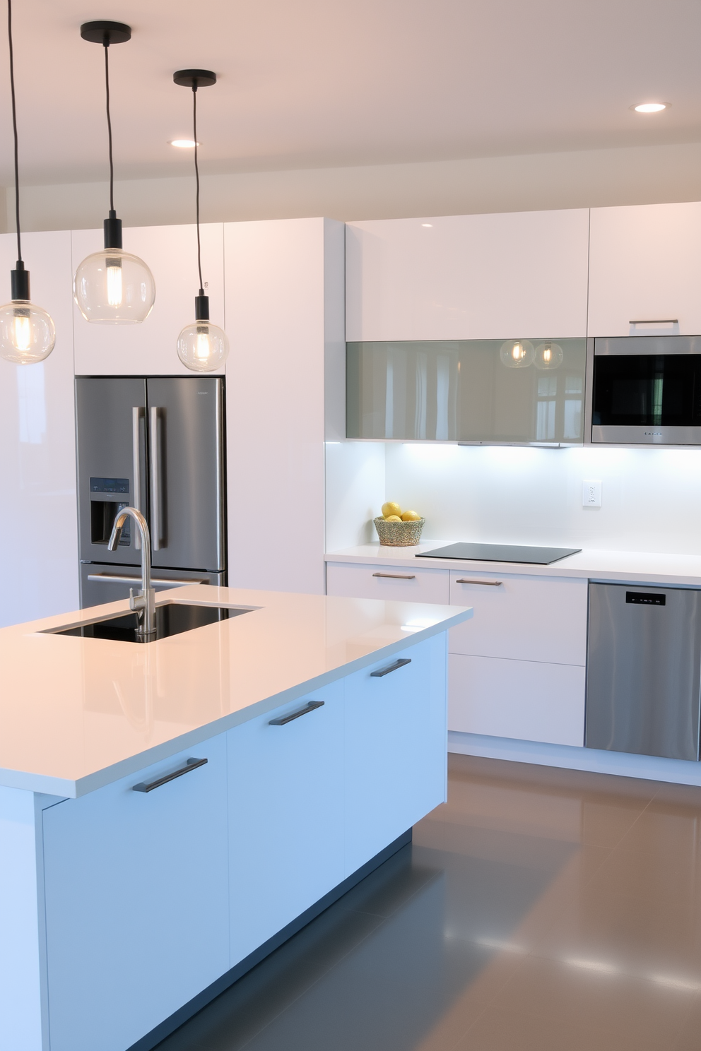 A contemporary kitchen featuring integrated appliances that blend seamlessly with the cabinetry. The sleek design includes a large island with a waterfall countertop and bar seating, complemented by stylish pendant lighting above. The cabinetry is finished in a high-gloss white with minimalist hardware, creating a clean and modern aesthetic. A built-in refrigerator and dishwasher are concealed within the cabinetry, enhancing the overall streamlined look.