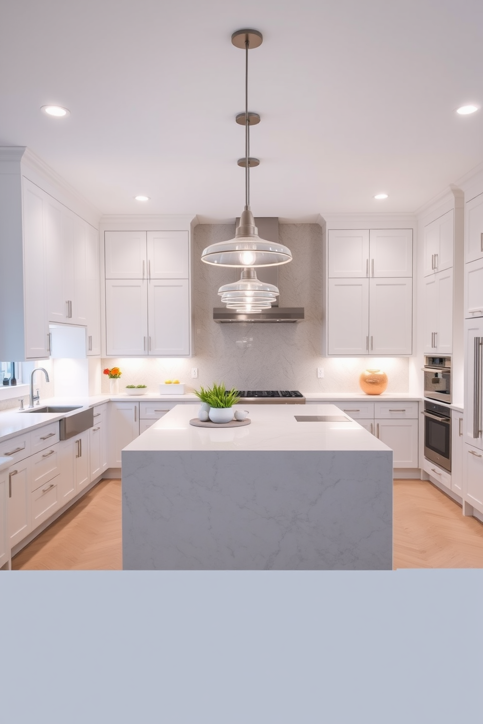 A large kitchen island serves as the centerpiece of a contemporary kitchen, featuring a sleek quartz countertop and ample seating for family and friends. The cabinetry is a mix of matte white and natural wood finishes, creating a warm and inviting atmosphere.