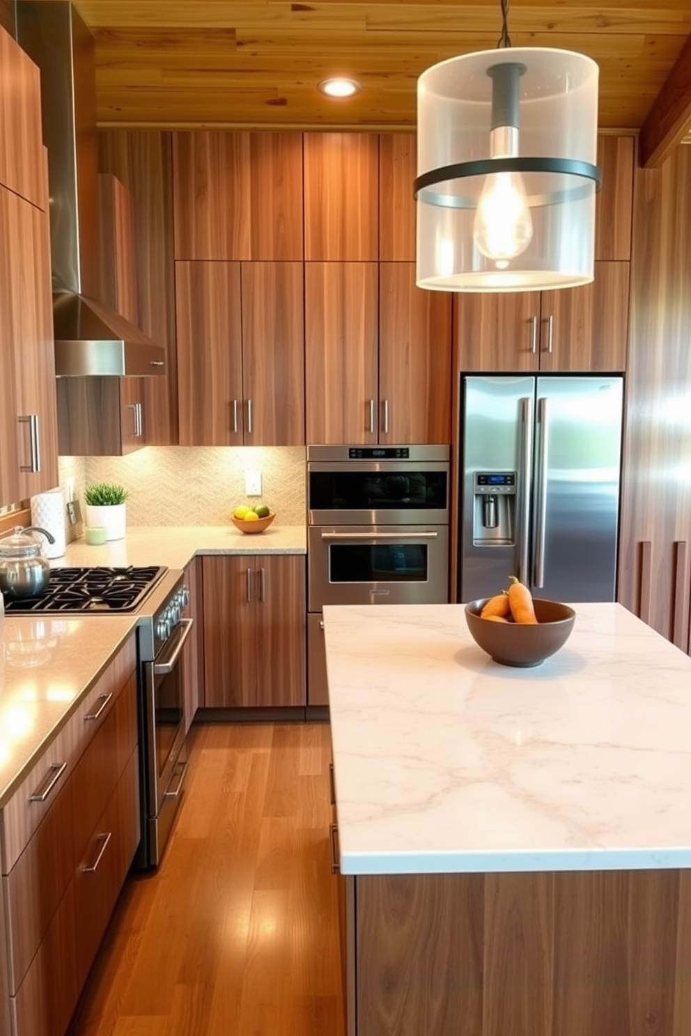 A contemporary kitchen featuring warm wood accents creates a cozy atmosphere. The cabinetry is a rich walnut, complemented by sleek stainless steel appliances and a large island with a quartz countertop. Soft ambient lighting illuminates the space, enhancing the natural grain of the wood. A stylish pendant light hangs above the island, adding a touch of elegance to the functional design.