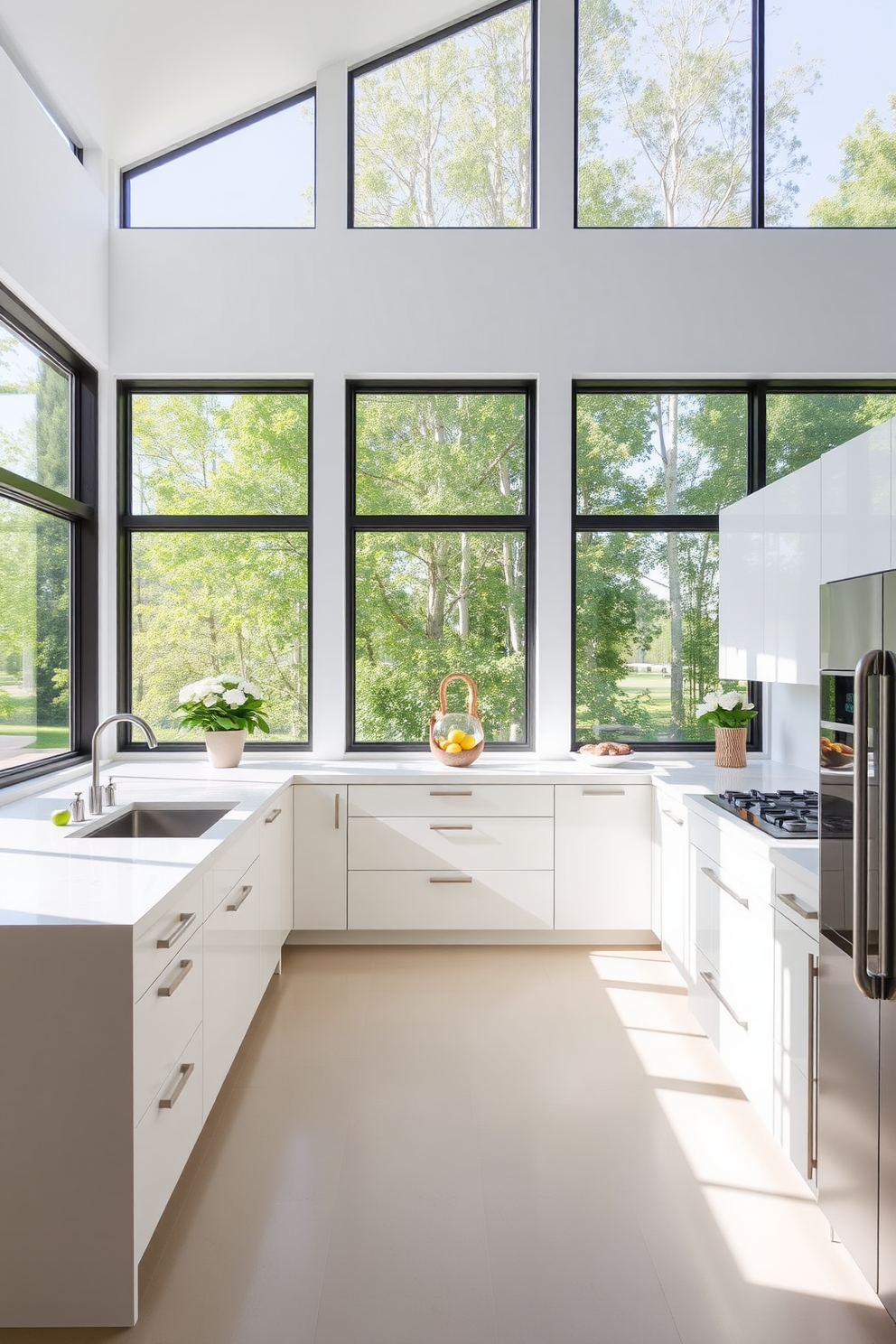 A contemporary kitchen with large windows allowing abundant natural light to fill the space. The design features sleek cabinetry in a soft white finish and a spacious island with a waterfall countertop.