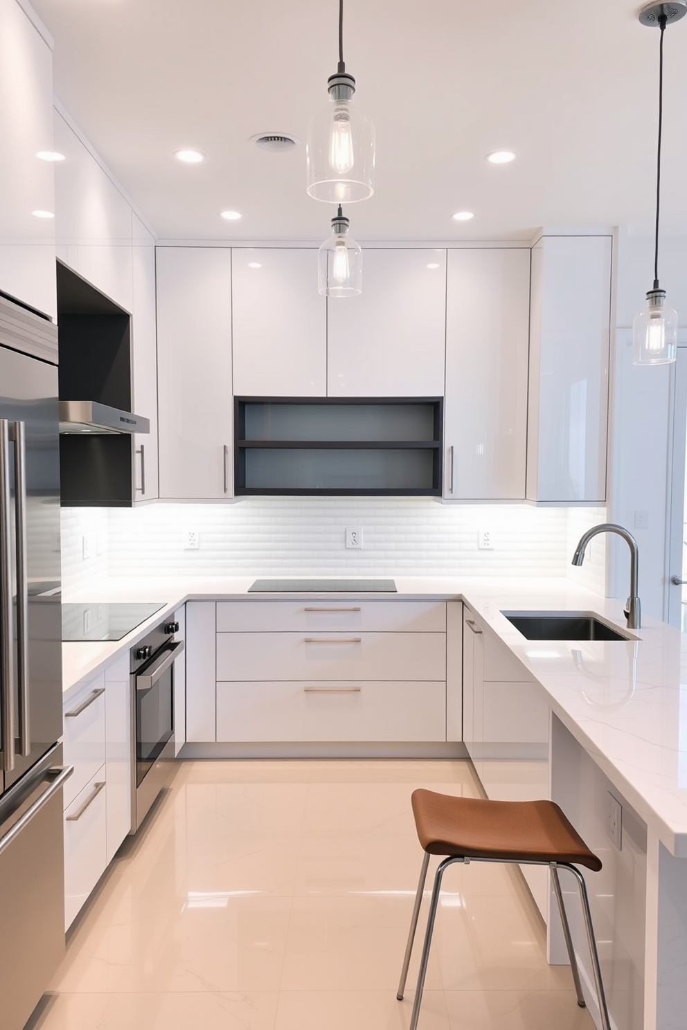 A contemporary kitchen featuring high-gloss cabinetry in a sleek white finish. The countertops are made of polished quartz with subtle veining, complemented by stainless steel appliances and a large island with bar seating. The backsplash consists of glossy subway tiles that reflect light, enhancing the spacious feel of the room. Pendant lights with a minimalist design hang above the island, adding a stylish focal point to the modern aesthetic.