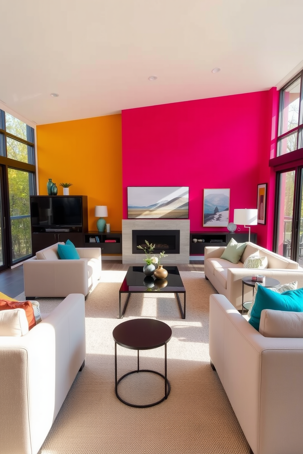 A contemporary living room featuring a bright accent wall in a vibrant color that draws attention. The space is furnished with neutral-colored sofas and chairs, creating a balanced and inviting atmosphere. Large windows allow natural light to flood the room, enhancing the bright hues of the accent wall. A stylish coffee table sits at the center, complemented by a few decorative elements that add personality to the space.