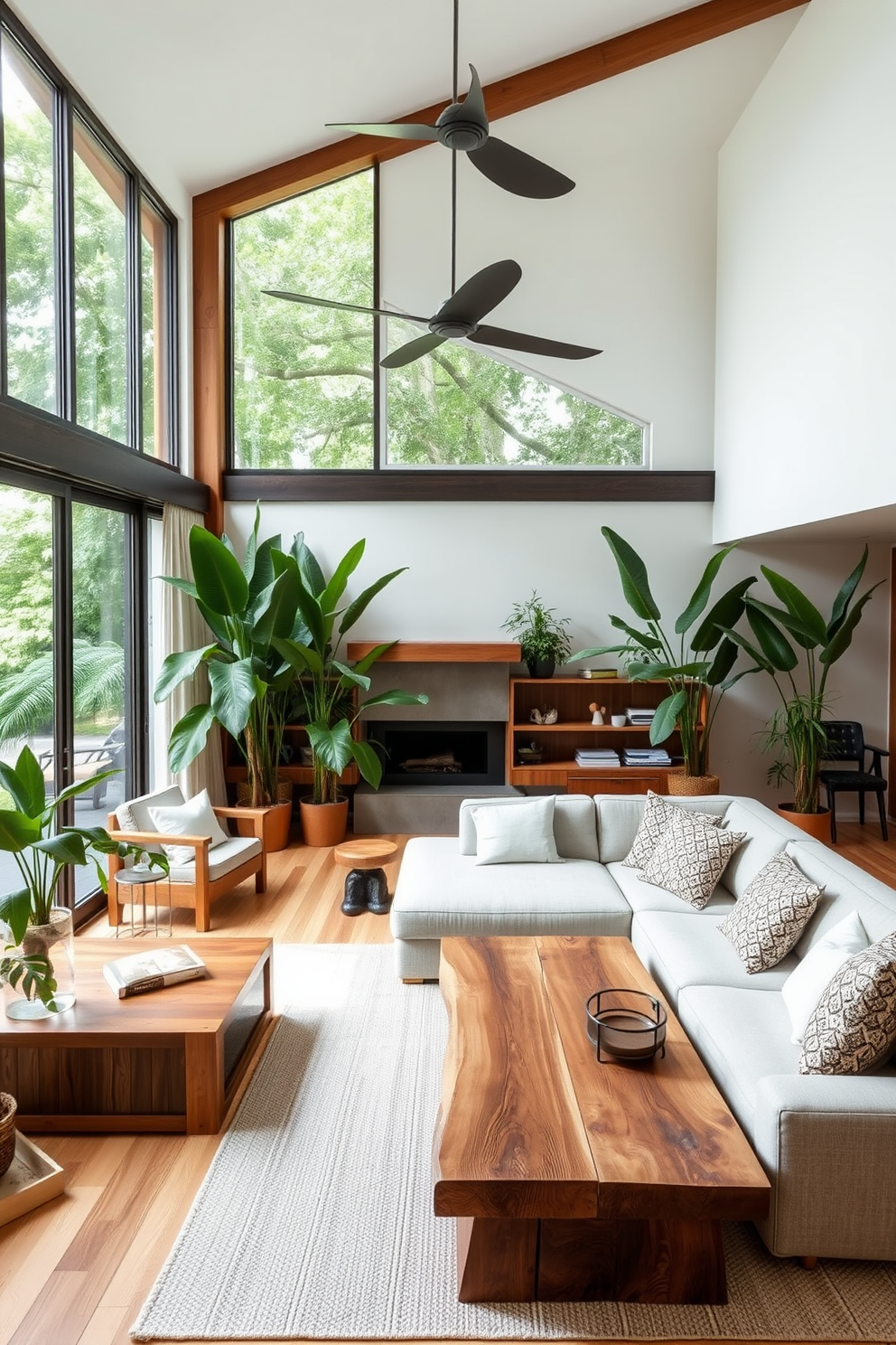 A contemporary living room featuring natural elements such as wooden furniture and lush green plants. The space includes a large sectional sofa in neutral tones paired with a reclaimed wood coffee table and floor-to-ceiling windows that invite ample natural light.