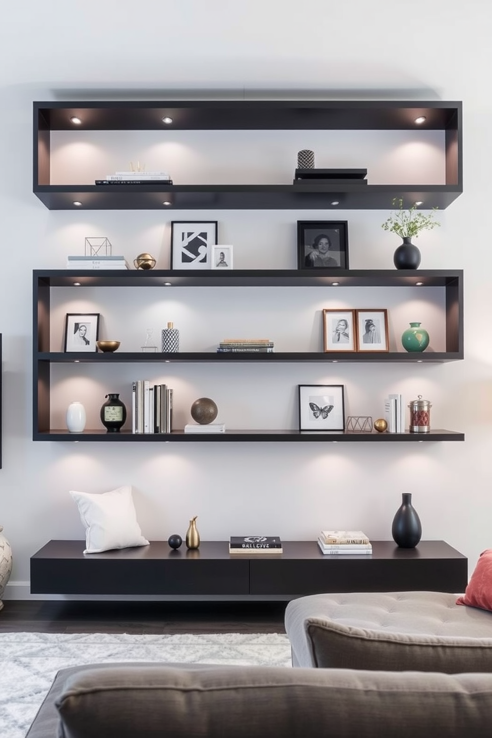 A contemporary living room features sleek floating shelves that create an open and airy feel. The shelves are adorned with carefully curated decor items, adding a personal touch and modern appeal.