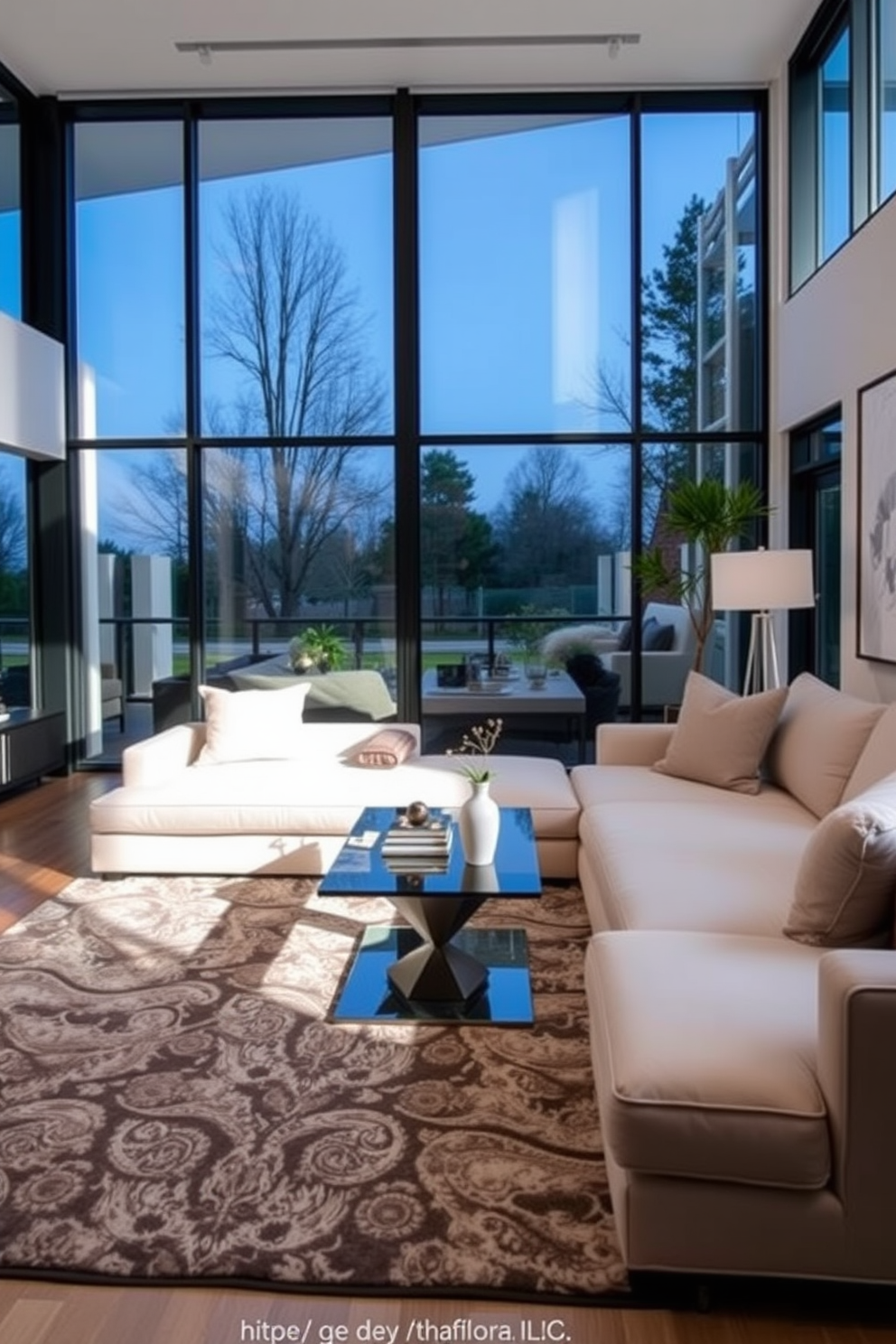 A contemporary living room featuring sleek furniture with clean lines and a neutral color palette. The space includes a plush sectional sofa and a glass coffee table, accented by metallic finishes in the lamp and decor elements. Large windows allow natural light to flood the room, highlighting the minimalist artwork on the walls. A stylish area rug anchors the seating arrangement, creating a warm and inviting atmosphere.