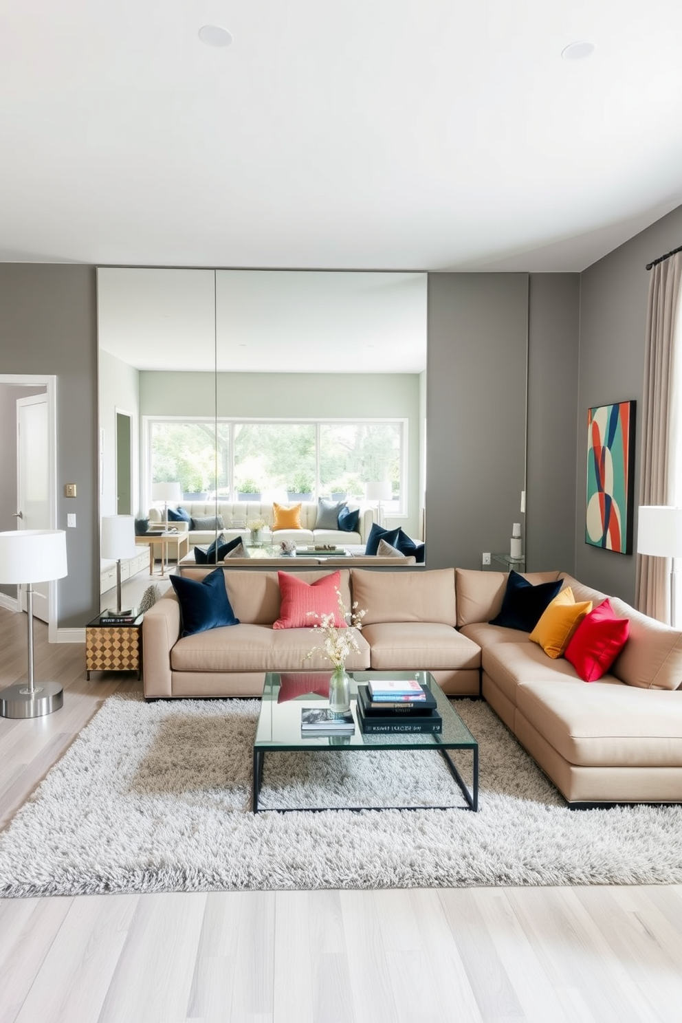 A contemporary living room featuring a large floor-to-ceiling mirror that reflects natural light, making the space feel more open and airy. The room includes a sleek sectional sofa in a neutral tone, accented by vibrant throw pillows, with a stylish coffee table at the center. The walls are painted in a soft gray, complemented by modern artwork that adds a pop of color. A plush area rug anchors the seating arrangement, while strategically placed floor lamps provide warm ambient lighting.