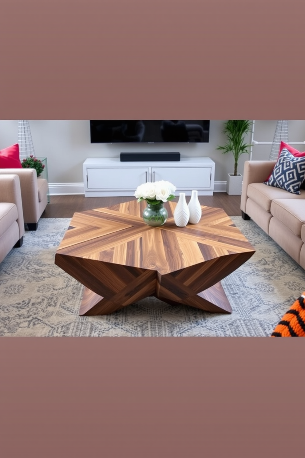 A contemporary living room features sleek floating shelves that elegantly showcase a curated collection of books and decorative items. The shelves are mounted on a soft gray wall, providing a striking contrast against the rich wooden flooring. The seating arrangement includes a stylish sectional sofa adorned with textured cushions, complemented by a minimalist coffee table in the center. Large windows allow natural light to flood the space, enhancing the airy and inviting atmosphere.