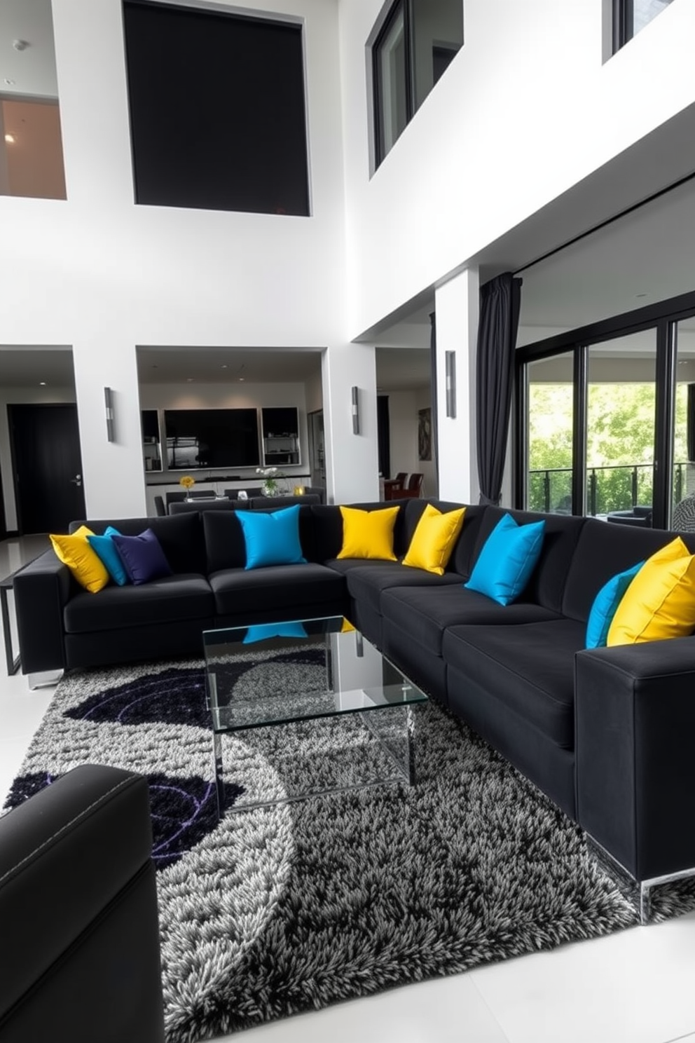 A contemporary living room with a striking contrast of dark and light colors. The walls are painted a crisp white, while the furniture features deep charcoal upholstery, creating a bold visual impact. A large sectional sofa is placed at the center, adorned with vibrant throw pillows in various shades of blue and yellow. A sleek glass coffee table rests atop a plush area rug that combines both dark and light tones, enhancing the room's modern aesthetic.