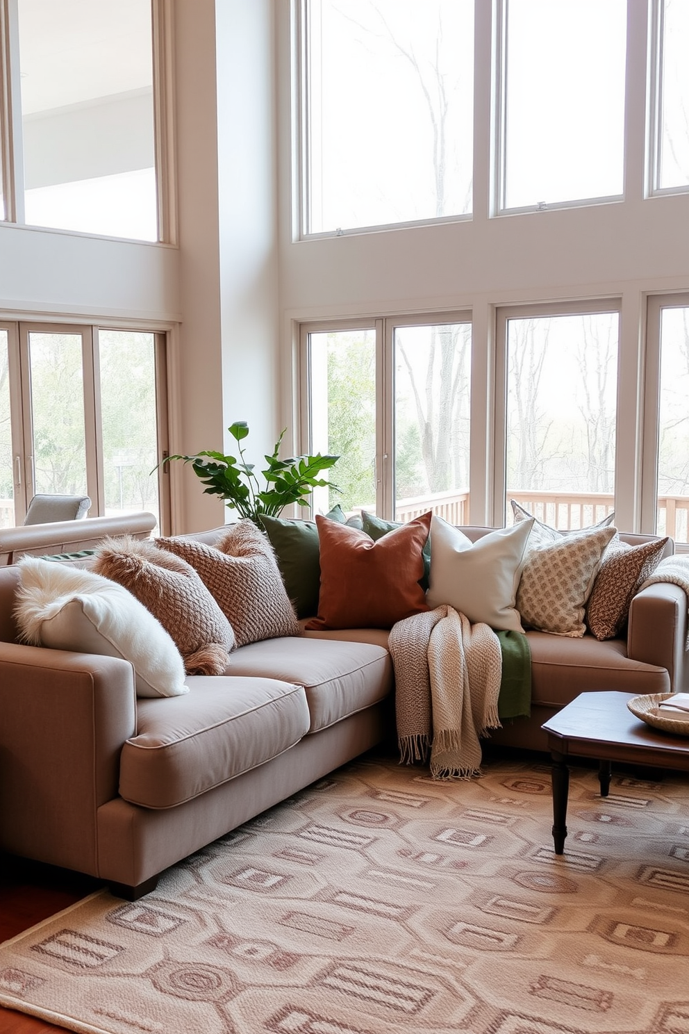 A contemporary living room filled with layered textiles to create a cozy atmosphere. Plush throw pillows in various textures are arranged on a deep-seated sofa, complemented by a soft woven blanket draped over the armrest. A large area rug anchors the space, featuring a subtle geometric pattern that adds depth. Floor-to-ceiling windows allow natural light to flood the room, highlighting the warm color palette of earth tones and muted pastels.