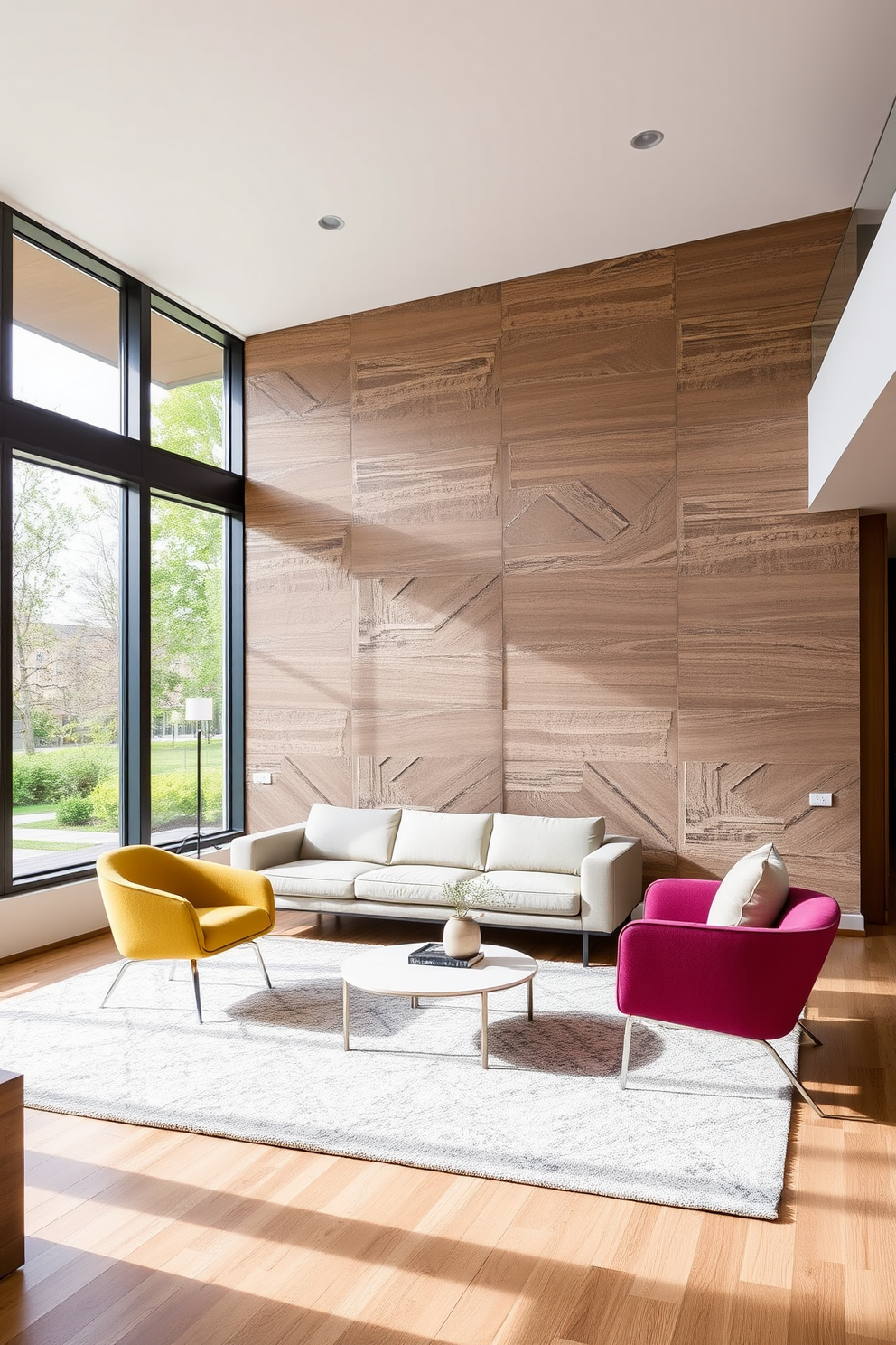 Textured wall panels create a striking backdrop in a contemporary living room. The space features a sleek sofa in neutral tones paired with a vibrant accent chair, complemented by a minimalist coffee table. Large windows allow natural light to flood the room, highlighting the rich textures of the wall panels. A geometric area rug anchors the seating area, adding warmth and comfort to the modern aesthetic.