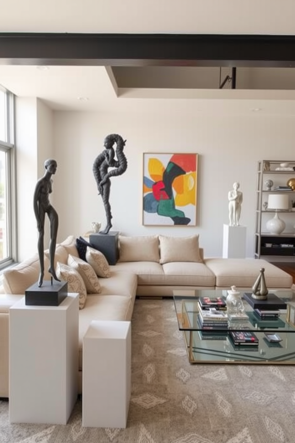 A contemporary living room features a sleek sectional sofa in a neutral tone paired with a glass coffee table. Artistic sculptures are strategically placed on pedestals, adding character and a focal point to the room. The walls are adorned with abstract art pieces that complement the color palette of the furniture. Large windows allow natural light to flood the space, enhancing the vibrant atmosphere.