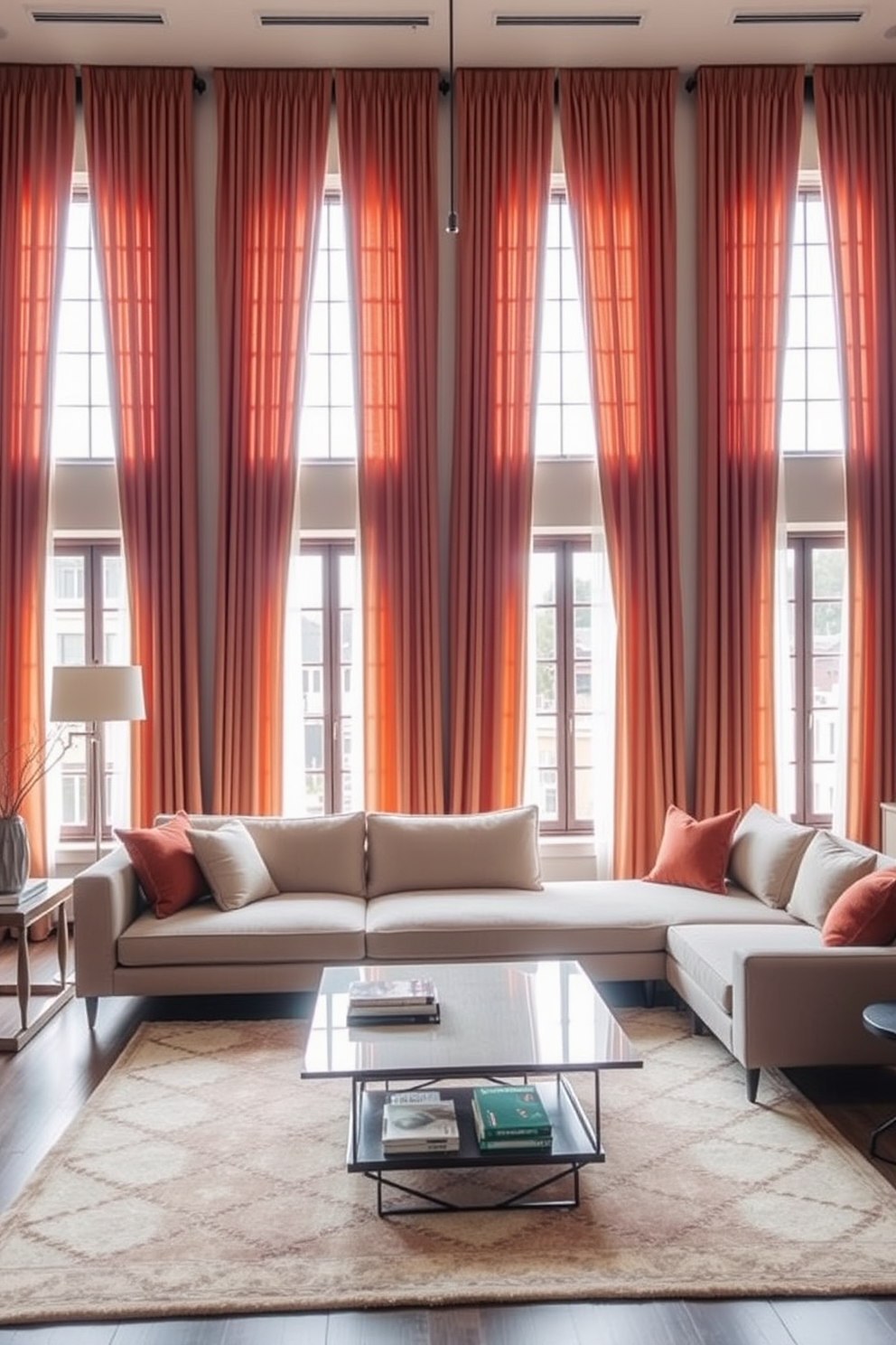 A contemporary living room featuring bold curtains that elegantly frame large windows. The space is filled with a plush sectional sofa, a sleek coffee table, and a stylish area rug, creating a warm and inviting atmosphere.