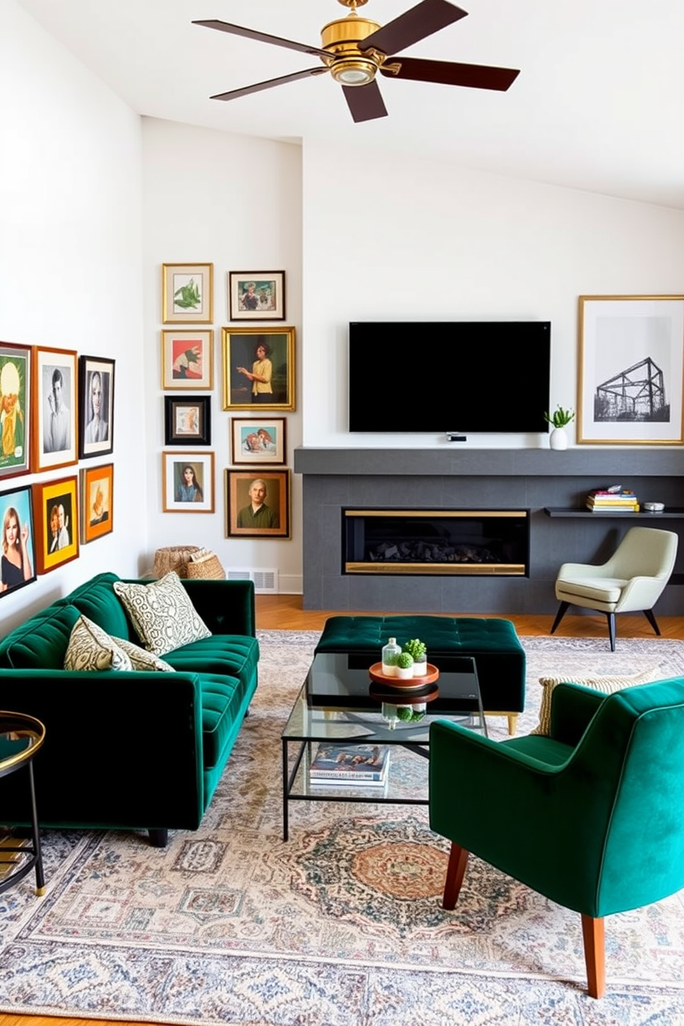 A contemporary living room that seamlessly blends vintage and modern decor styles. The space features a plush velvet sofa in deep emerald green paired with a sleek glass coffee table. On one wall, a collection of vintage framed artwork is displayed, contrasting beautifully with a minimalist flat-screen television mounted above a modern fireplace. The room is accented with a mid-century modern armchair and a stylish area rug that ties the color scheme together.