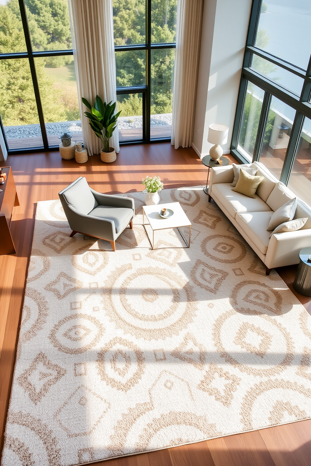 A contemporary living room featuring a large area rug that anchors the seating arrangement, creating a cozy and inviting atmosphere. The rug showcases geometric patterns in neutral tones, complementing the sleek furniture and modern decor elements throughout the space. In one corner, a stylish armchair is placed atop the rug, paired with a minimalist side table. Floor-to-ceiling windows allow natural light to flood the room, enhancing the overall warmth and elegance of the design.