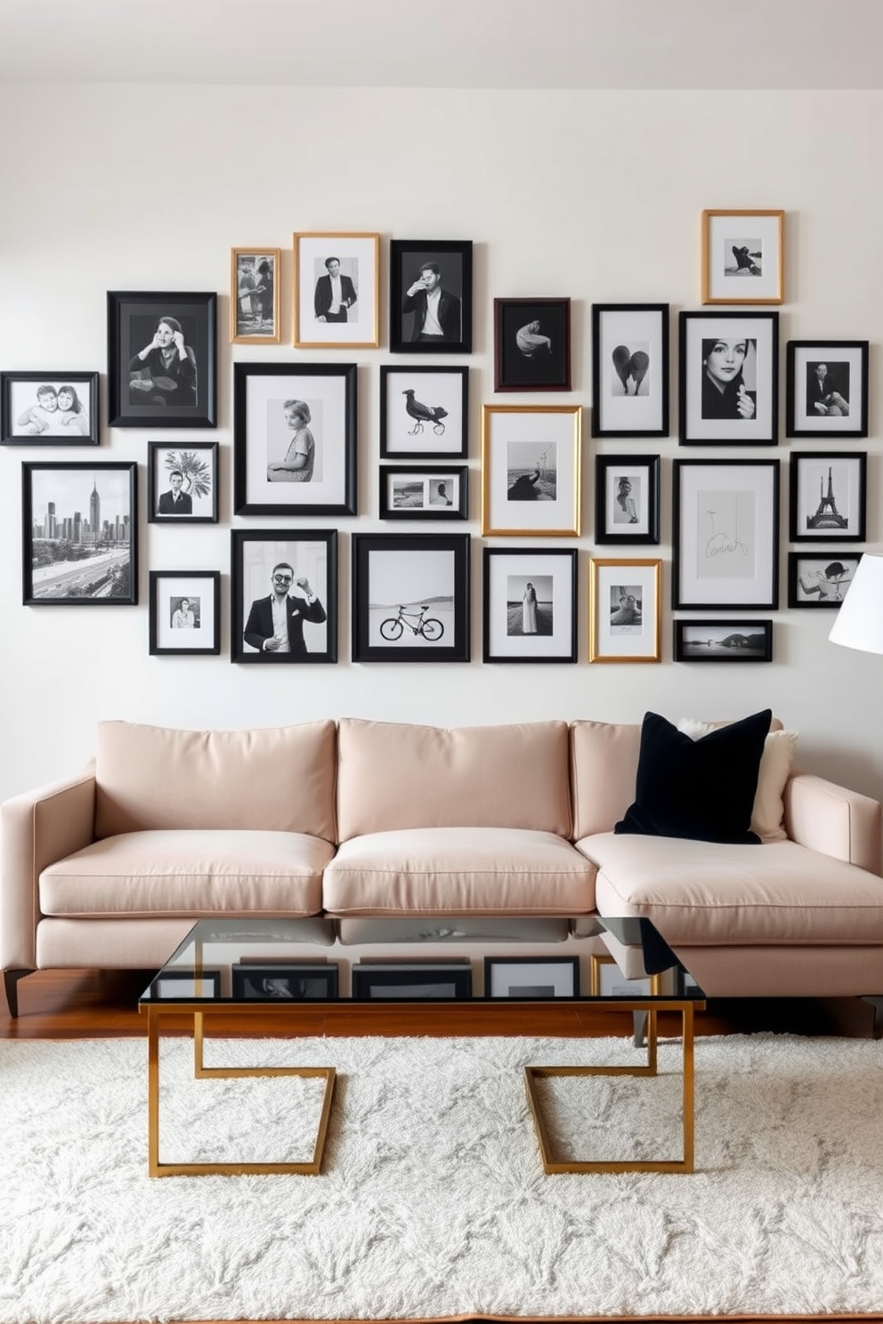 Create a gallery wall featuring a mix of personal artwork and framed photographs. The wall is adorned with various sizes of frames in black and gold, arranged in a visually appealing layout. In the center of the room, a plush sectional sofa in a neutral tone invites relaxation. A sleek coffee table made of glass and metal complements the modern aesthetic, while a stylish area rug adds warmth to the space.