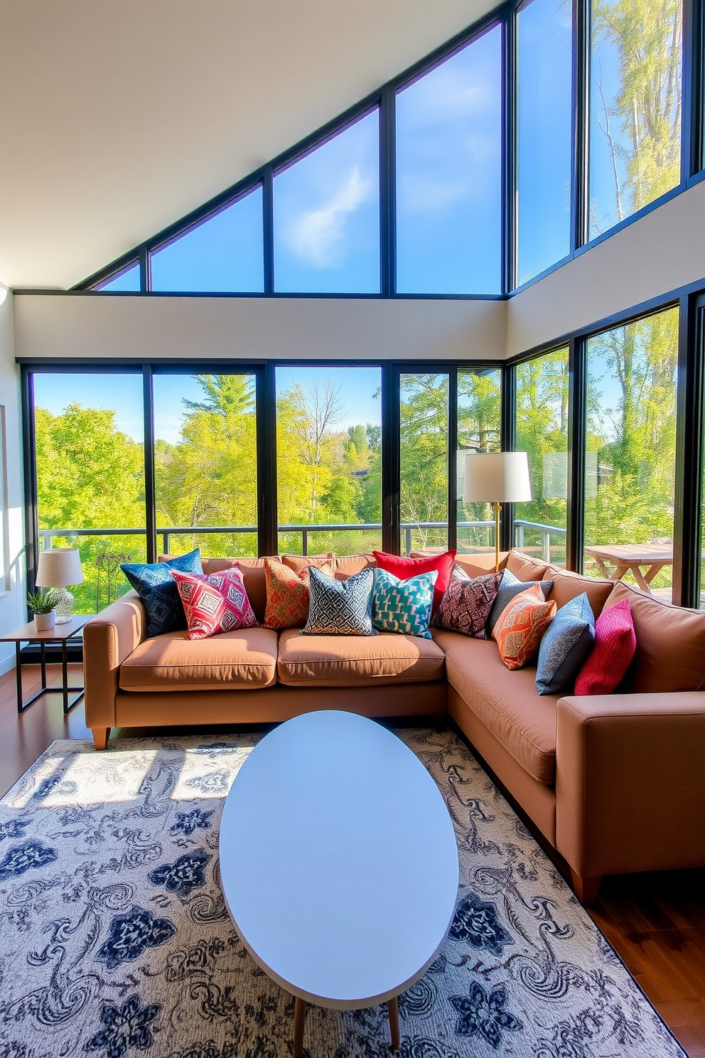 A contemporary living room featuring natural wood accents that add warmth and texture. The space includes a sleek sectional sofa in a neutral fabric, complemented by a reclaimed wood coffee table and a large area rug that ties the room together.