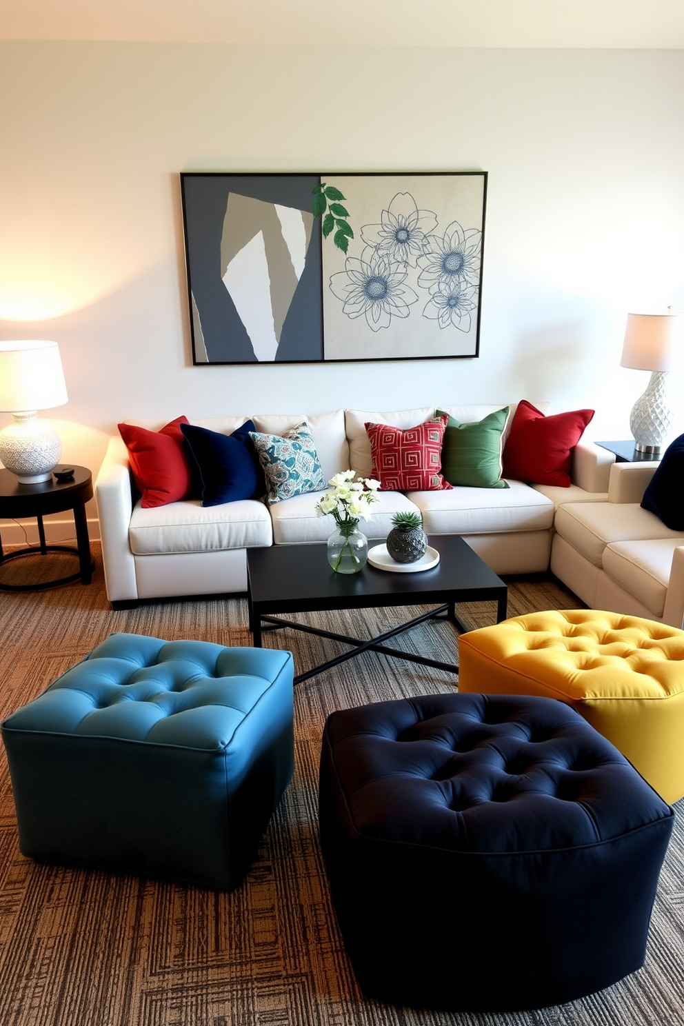 A contemporary living room features functional furniture such as stylish ottomans and poufs that enhance comfort and versatility. The space is adorned with a neutral color palette, complemented by vibrant accent pillows and a sleek coffee table at the center.