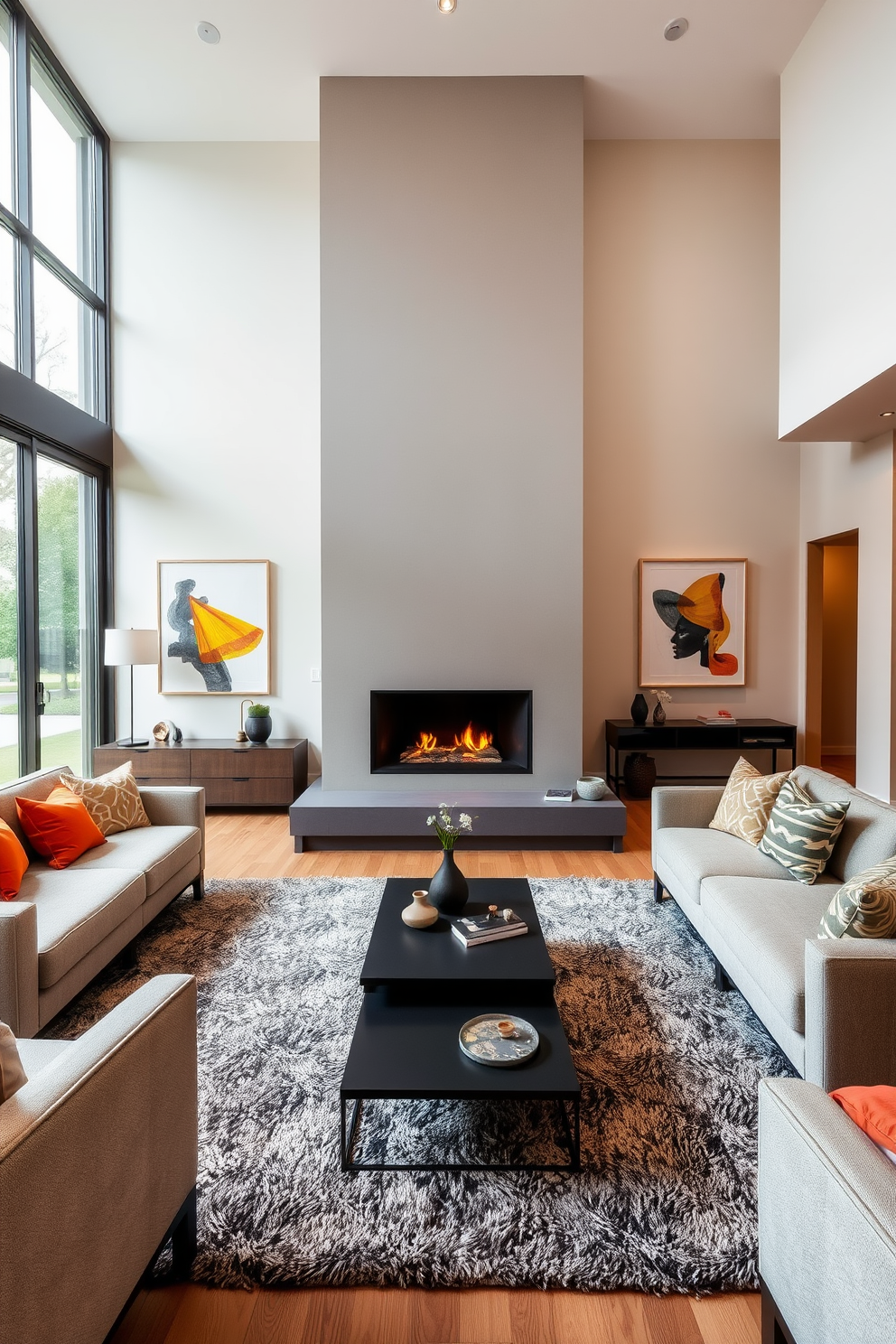 A contemporary living room features a sleek fireplace as the centerpiece, surrounded by a minimalist seating arrangement. The walls are adorned with abstract art, and the color palette consists of neutral tones with pops of vibrant hues. The floor is covered with a plush area rug that adds warmth, while large windows let in natural light, enhancing the open feel of the space. Decorative elements include stylish coffee tables and modern lighting fixtures that complement the overall design.