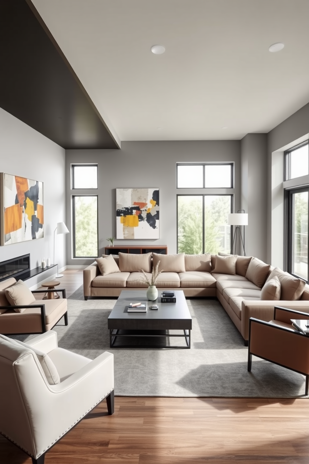 A contemporary living room features sleek furniture with clean lines that create an open and inviting atmosphere. A large sectional sofa in a neutral tone is complemented by a minimalist coffee table and accent chairs, all arranged to encourage conversation and relaxation. The walls are painted in a soft gray, providing a perfect backdrop for abstract artwork that adds a pop of color. Natural light floods the space through floor-to-ceiling windows, enhancing the overall brightness and warmth of the room.