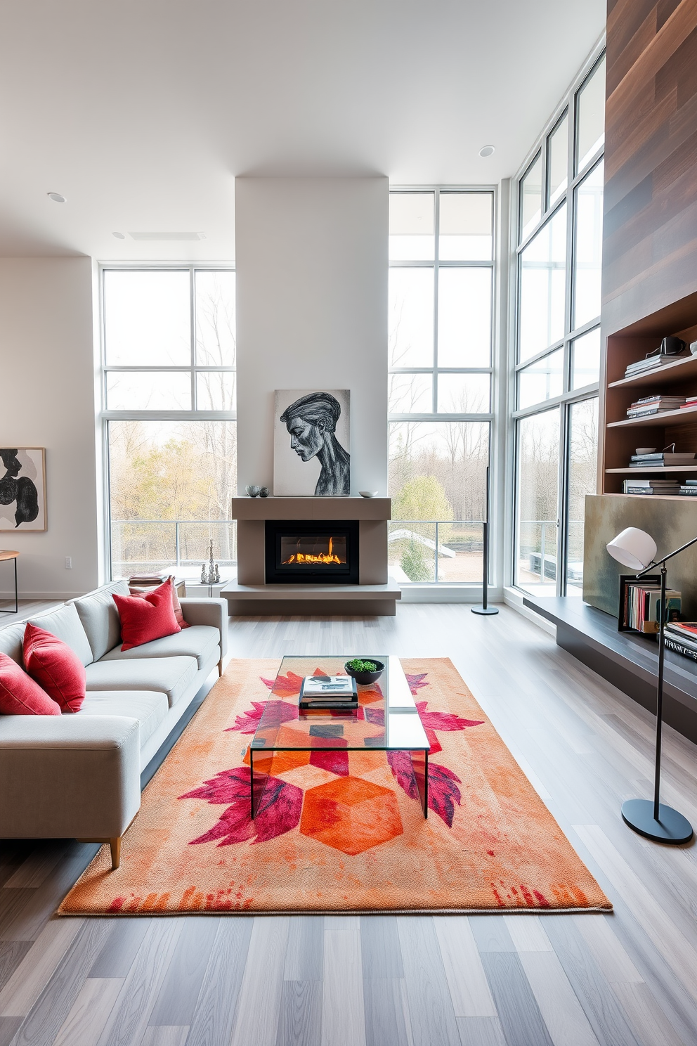 A spacious contemporary living room featuring an open floor plan with large windows allowing natural light to flood the space. The room is anchored by a plush sectional sofa in a neutral tone, complemented by a sleek glass coffee table and a vibrant area rug that adds a pop of color. On one side, a modern fireplace serves as a focal point, surrounded by built-in shelving displaying curated decor and books. The walls are adorned with abstract art, and a stylish floor lamp stands in the corner, enhancing the cozy yet sophisticated atmosphere of the room.