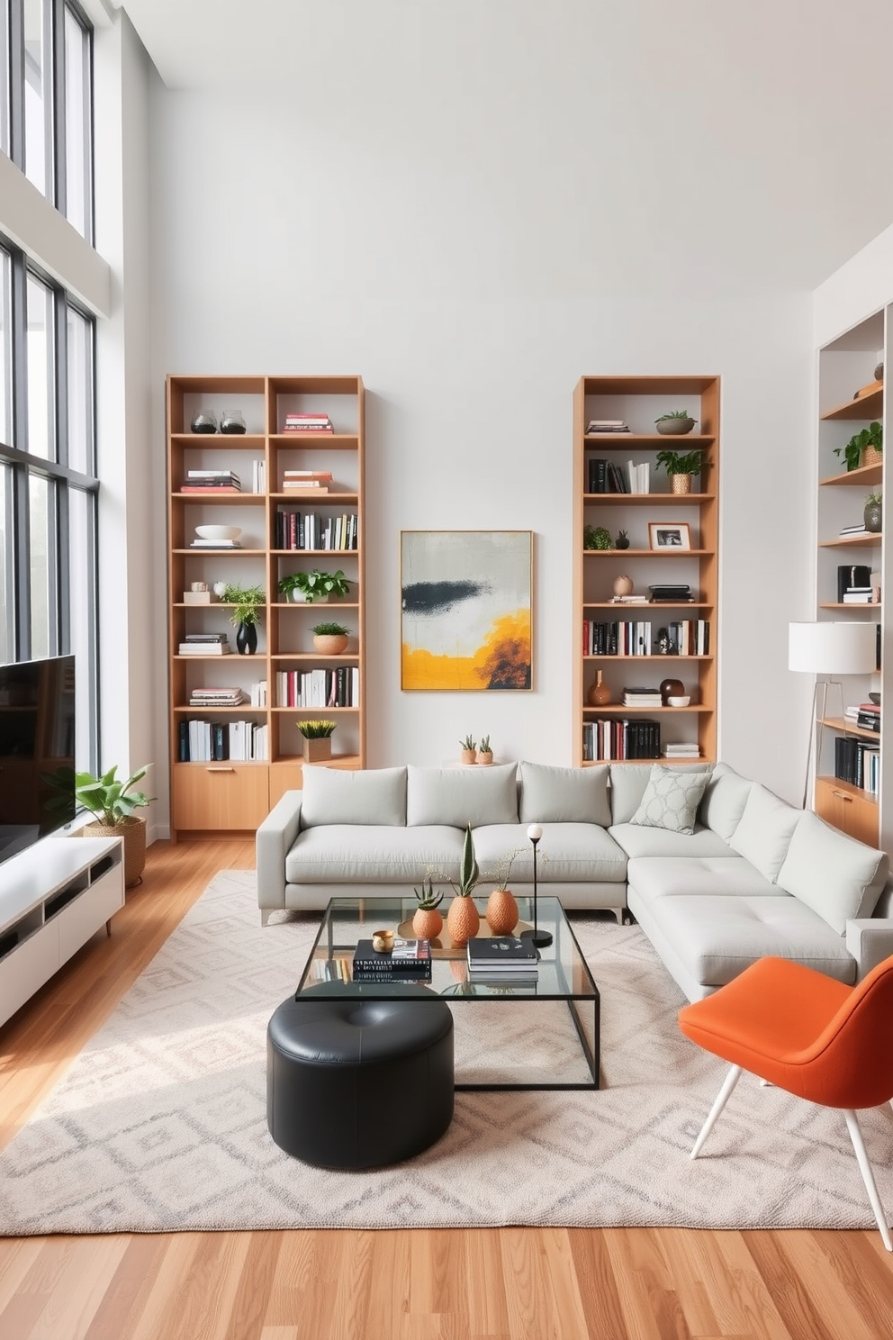 Open shelving units line the walls of a contemporary living room, showcasing an array of decorative books, plants, and art pieces. The furniture arrangement includes a sleek sectional sofa in a neutral tone, paired with a bold accent chair and a glass coffee table at the center. Large windows allow natural light to flood the space, highlighting the clean lines and minimalist decor. A soft area rug anchors the seating area, while a statement piece of artwork hangs above the sofa, adding a pop of color to the room.