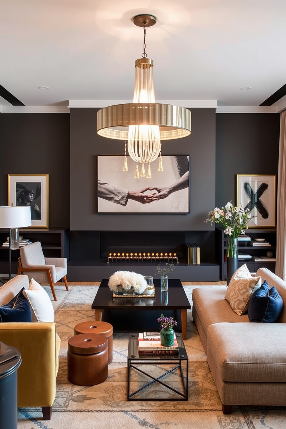 A contemporary living room features statement lighting fixtures that draw the eye and enhance the space. The room is adorned with a mix of textures and colors, creating a warm and inviting atmosphere.