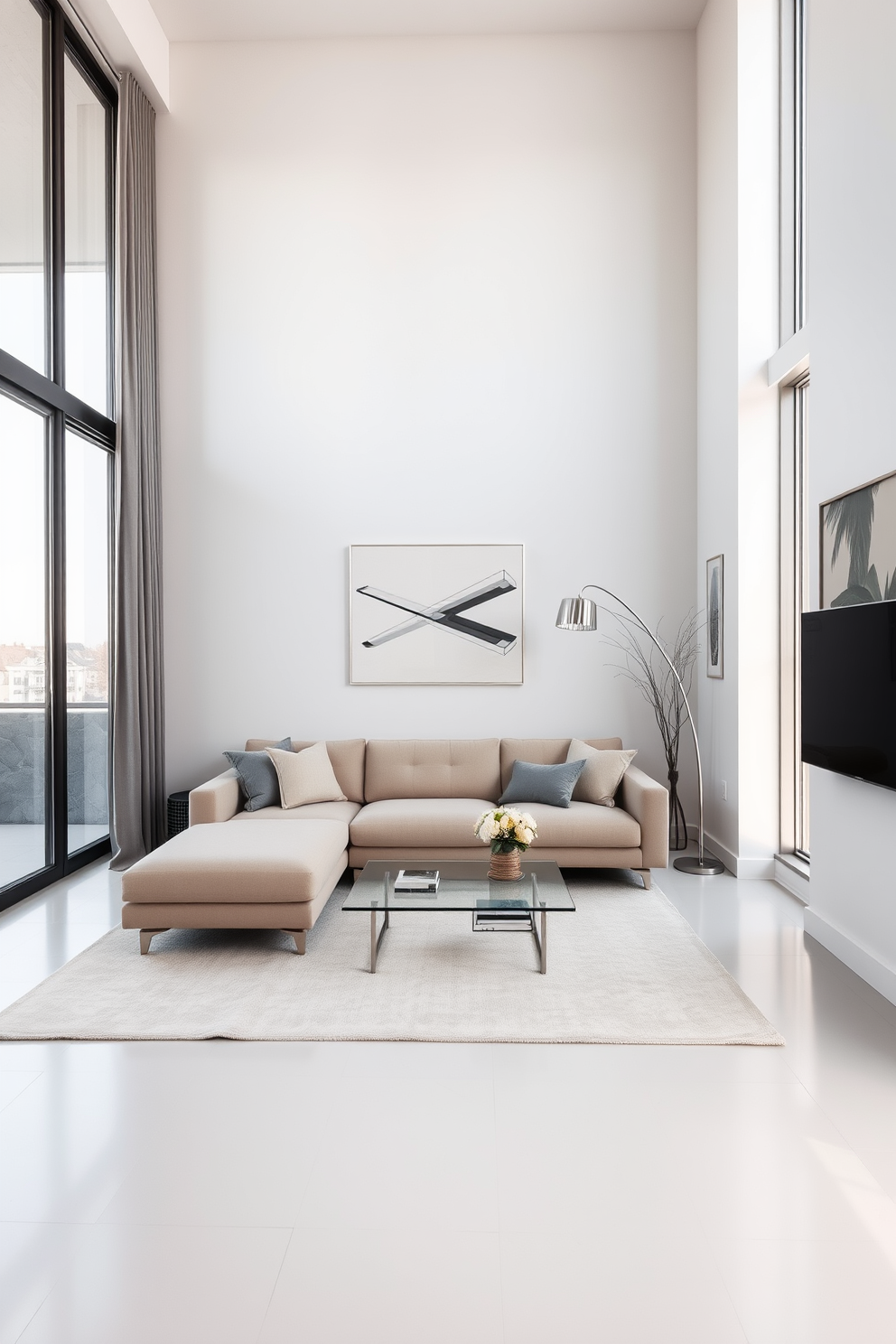 A contemporary living room featuring minimalist decor focuses on clean lines and functional pieces. The space includes a sleek sectional sofa in a neutral color, a glass coffee table, and a statement floor lamp that adds a touch of elegance. The walls are adorned with subtle artwork that complements the overall aesthetic. Large windows allow natural light to flood the room, enhancing the airy and open feel of the design.