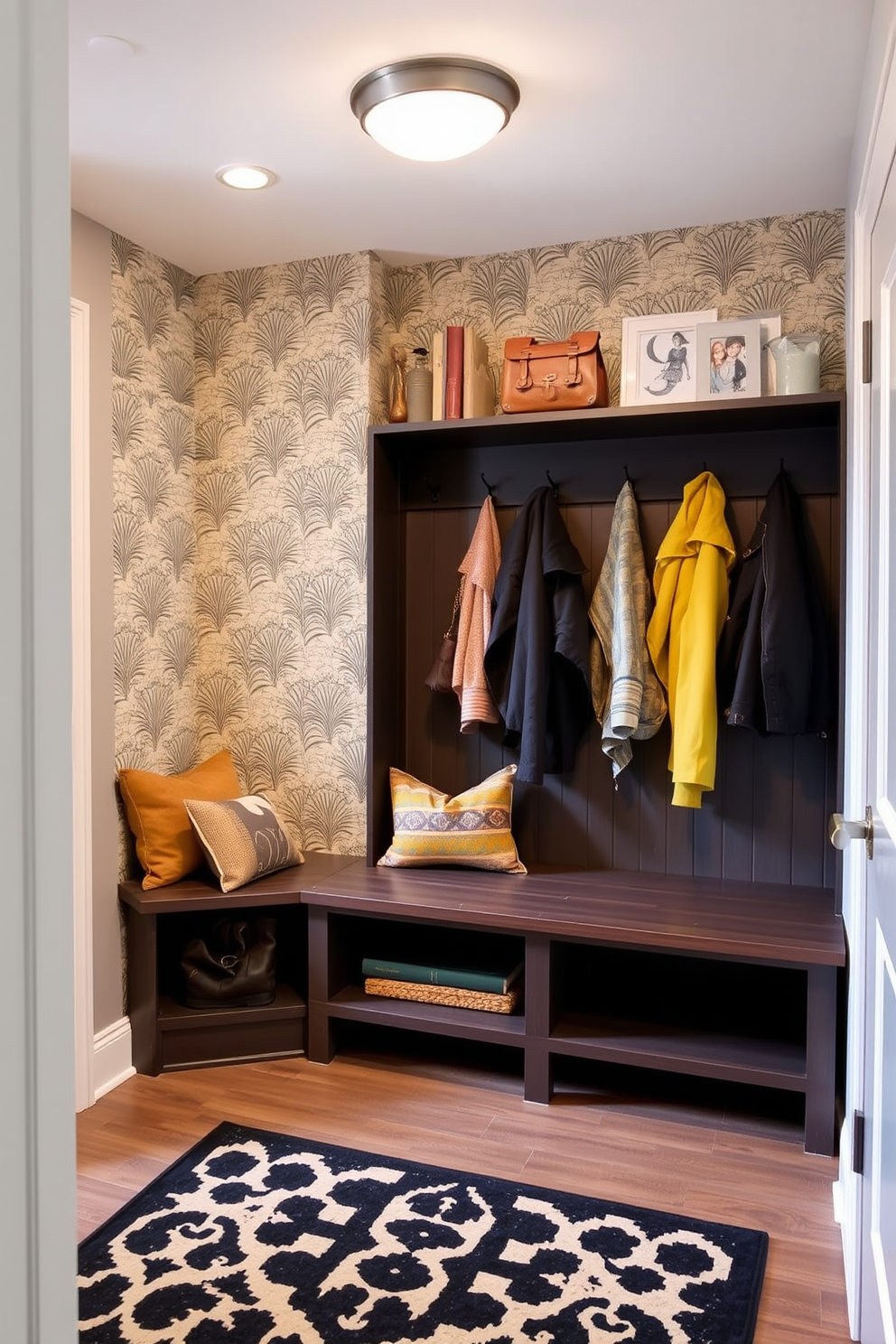 Create a contemporary mudroom featuring an accent wall adorned with bold wallpaper design. The space includes built-in storage benches, hooks for coats, and a stylish area rug that complements the vibrant wallpaper.