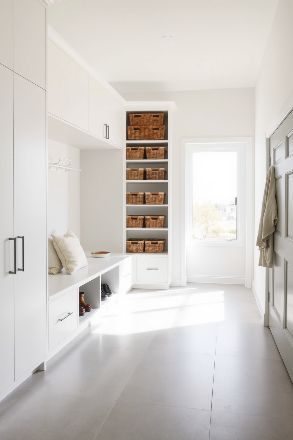 A minimalist mudroom features sleek cabinetry with a smooth finish and ample storage space for shoes and coats. The walls are painted in a soft white color, and the flooring consists of large light gray tiles that enhance the airy feel of the space. A bench with a simple design sits against one wall, adorned with a few neatly placed cushions for comfort. Natural light floods in through a large window, illuminating the organized shelves filled with baskets for easy access to everyday items.