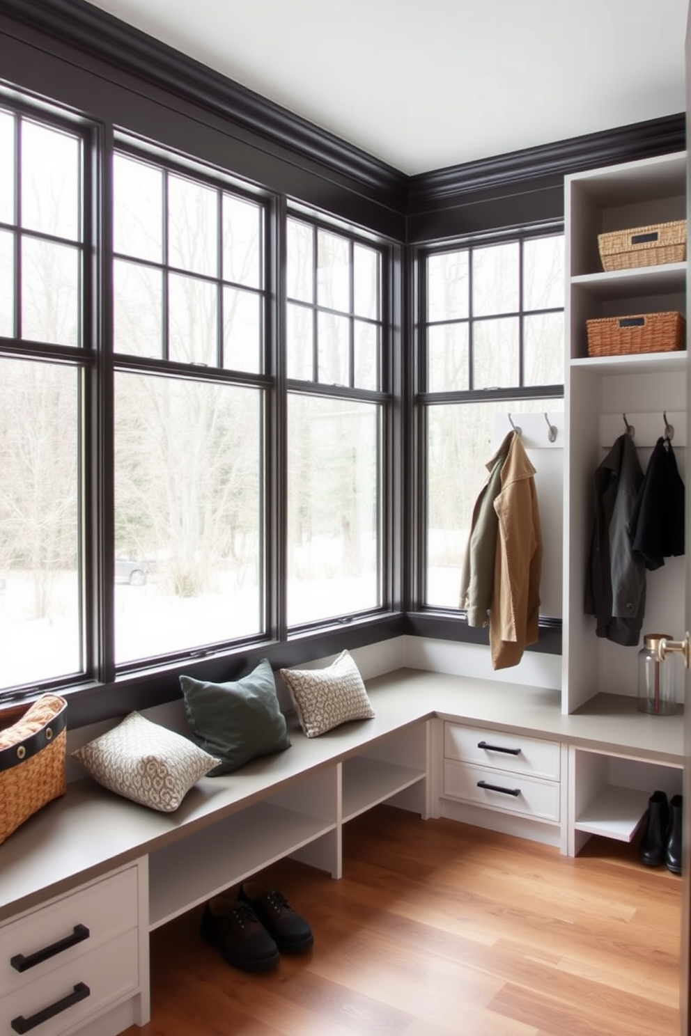 A contemporary mudroom features large windows that allow natural light to flood the space. The room is designed with built-in storage benches and hooks for coats, creating an organized and inviting entryway.