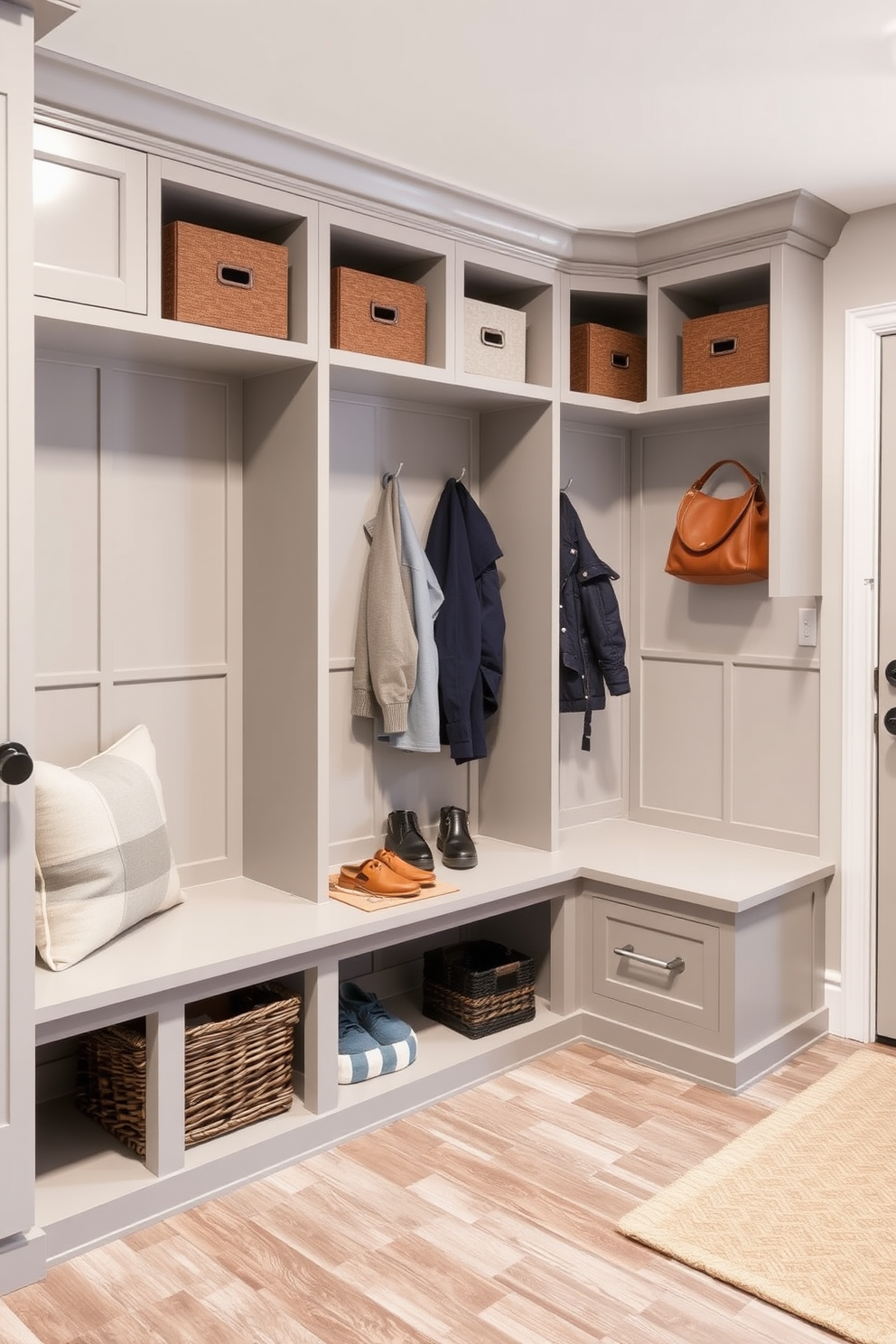 A contemporary mudroom features custom cubbies designed for family organization. The space includes built-in benches and hooks for coats, with a stylish color palette of soft grays and whites.