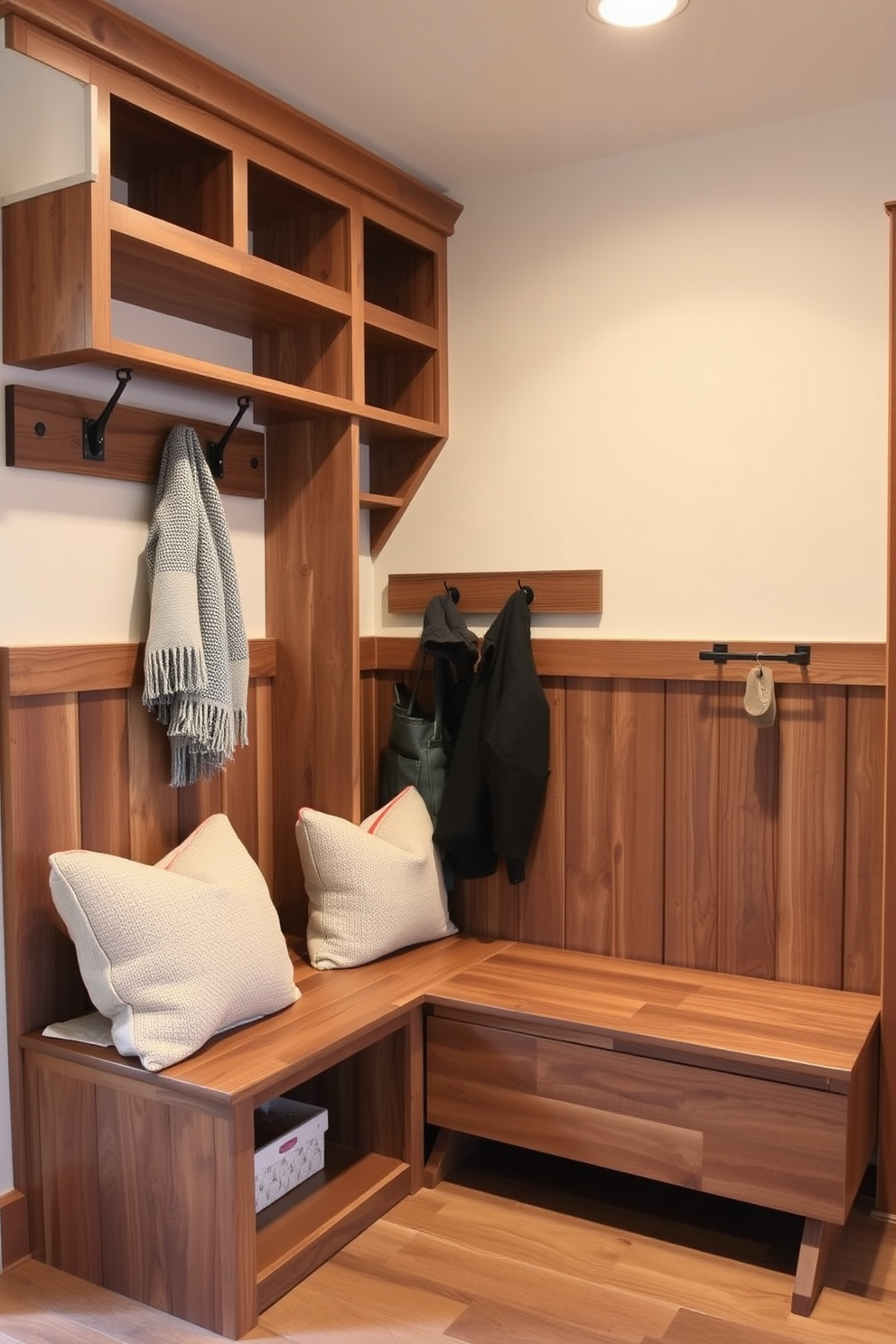 A contemporary mudroom design featuring a neutral color palette to create a calming effect. The space includes built-in storage benches with soft cushions and open shelving for easy organization. Light gray walls complement the white cabinetry, while a textured area rug adds warmth underfoot. A large mirror hangs above a sleek console table, enhancing the room's functionality and style.