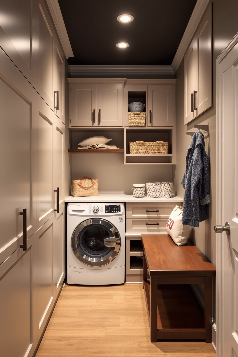 A contemporary mudroom featuring a sleek bench with built-in storage underneath. The walls are adorned with a gallery of personal artwork and photos, adding a unique and inviting touch to the space.