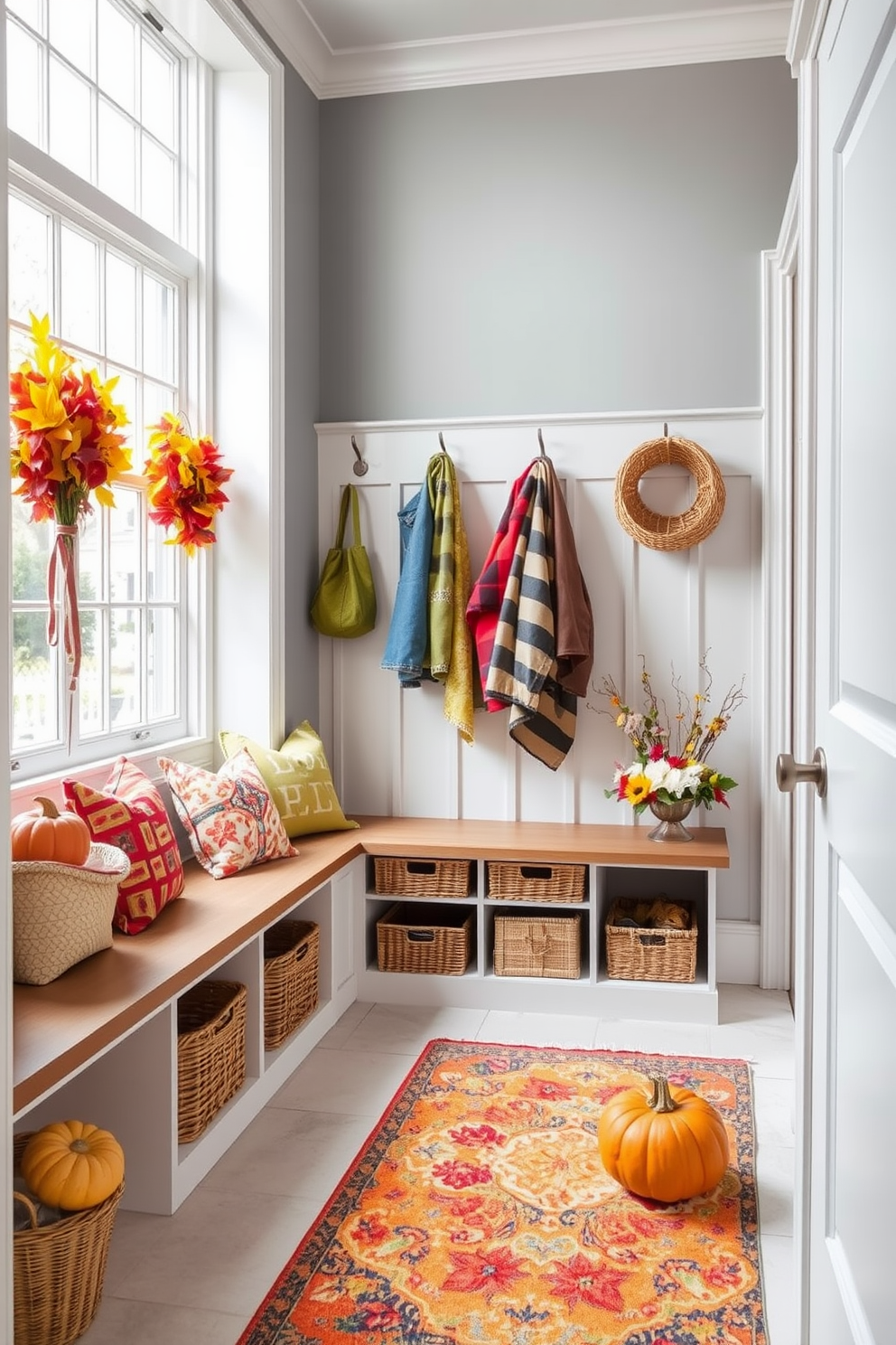 A contemporary mudroom features vertical storage solutions designed to maximize space efficiency. Tall cabinets with open shelving for easy access to shoes and bags are complemented by hooks for coats and backpacks.