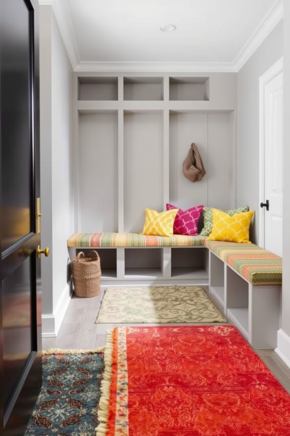 A stylish mudroom connected to outdoor living features built-in benches with soft cushions and hooks for hanging jackets. The walls are adorned with shiplap in a light color, and the floor is covered in durable, patterned tiles that can withstand outdoor elements.