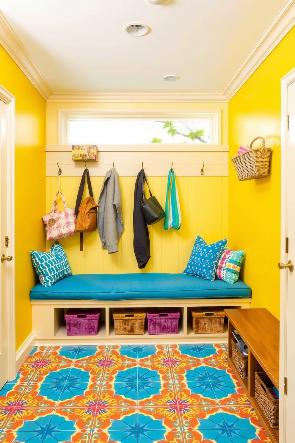 A bright and cheerful mudroom features vibrant yellow walls that instantly uplift the space. The floor is adorned with colorful patterned tiles, adding a playful touch to the overall design. A spacious built-in bench with bright blue cushions provides a comfortable seating area. Hooks for coats and bags are mounted on the wall, and decorative baskets in various colors are neatly arranged for storage.