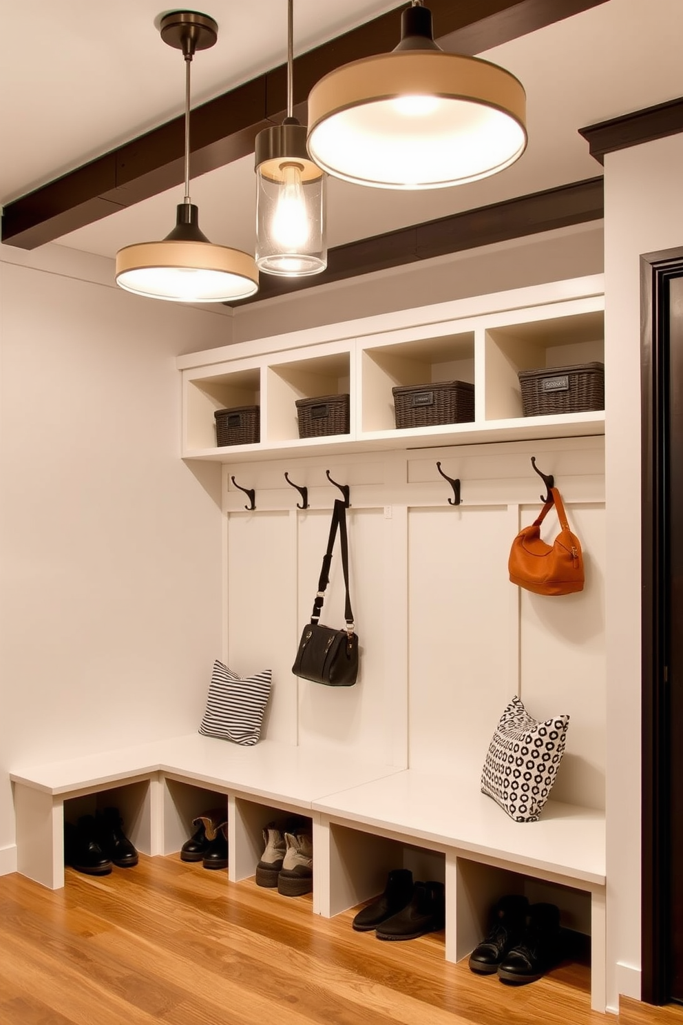 A bright and inviting mudroom features a built-in bench with soft cushions and hooks for hanging coats. The walls are adorned with seasonal decor, including a wreath made of autumn leaves and a basket filled with pinecones for a cozy touch. The flooring is a durable tile that mimics wood, providing both style and functionality. A large window allows natural light to flood the space, complemented by a chic area rug that adds warmth and texture.