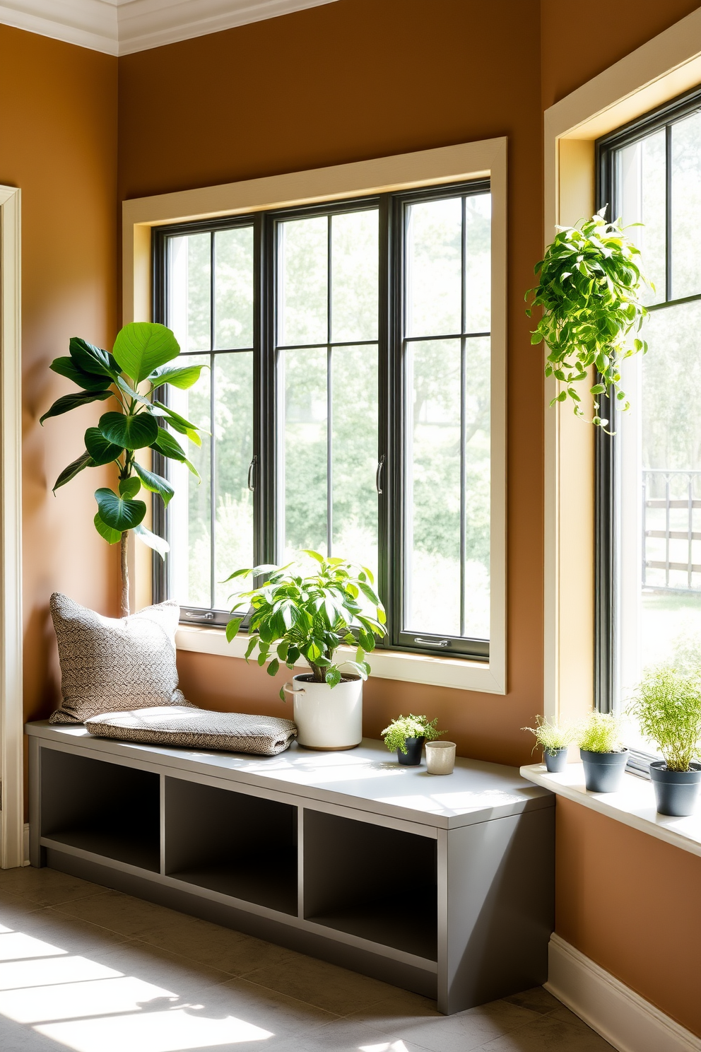 A contemporary mudroom features a sleek bench with built-in storage underneath. The walls are adorned with a warm neutral color, and large windows allow natural light to flood the space. Indoor plants are strategically placed throughout the mudroom, adding a fresh and vibrant atmosphere. A tall fiddle leaf fig stands in one corner, while smaller potted herbs are arranged on the windowsill.