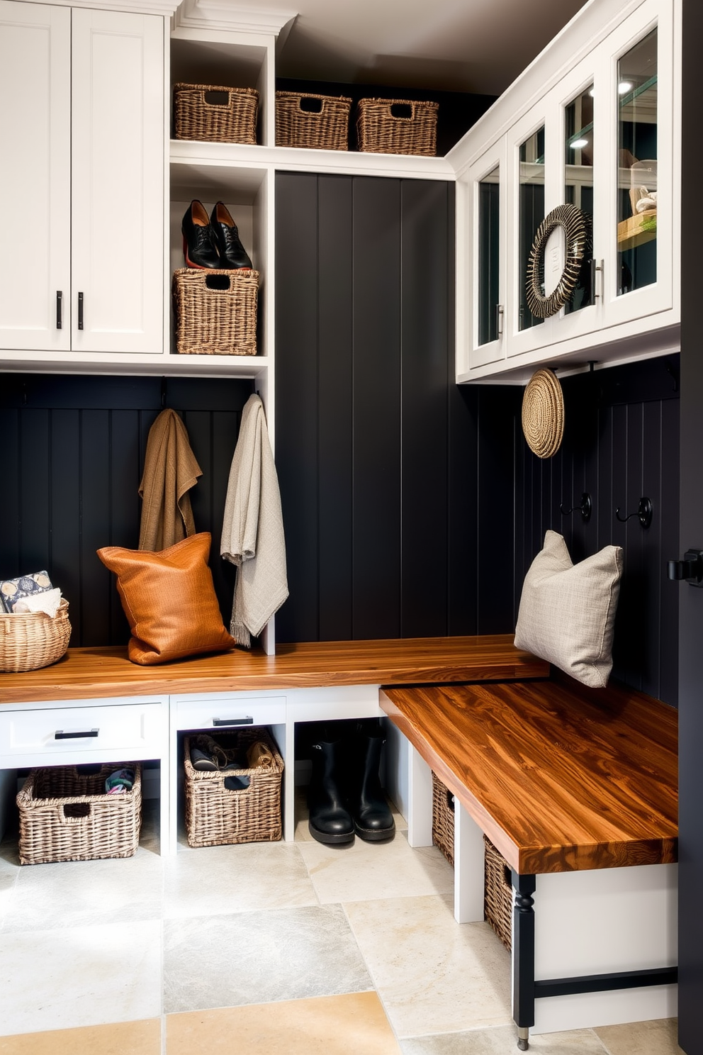 A contemporary mudroom features a combination of sleek cabinetry and rustic wooden benches. The space is enhanced by a mix of materials including stone flooring, woven baskets, and metal hooks for a stylish yet functional design.