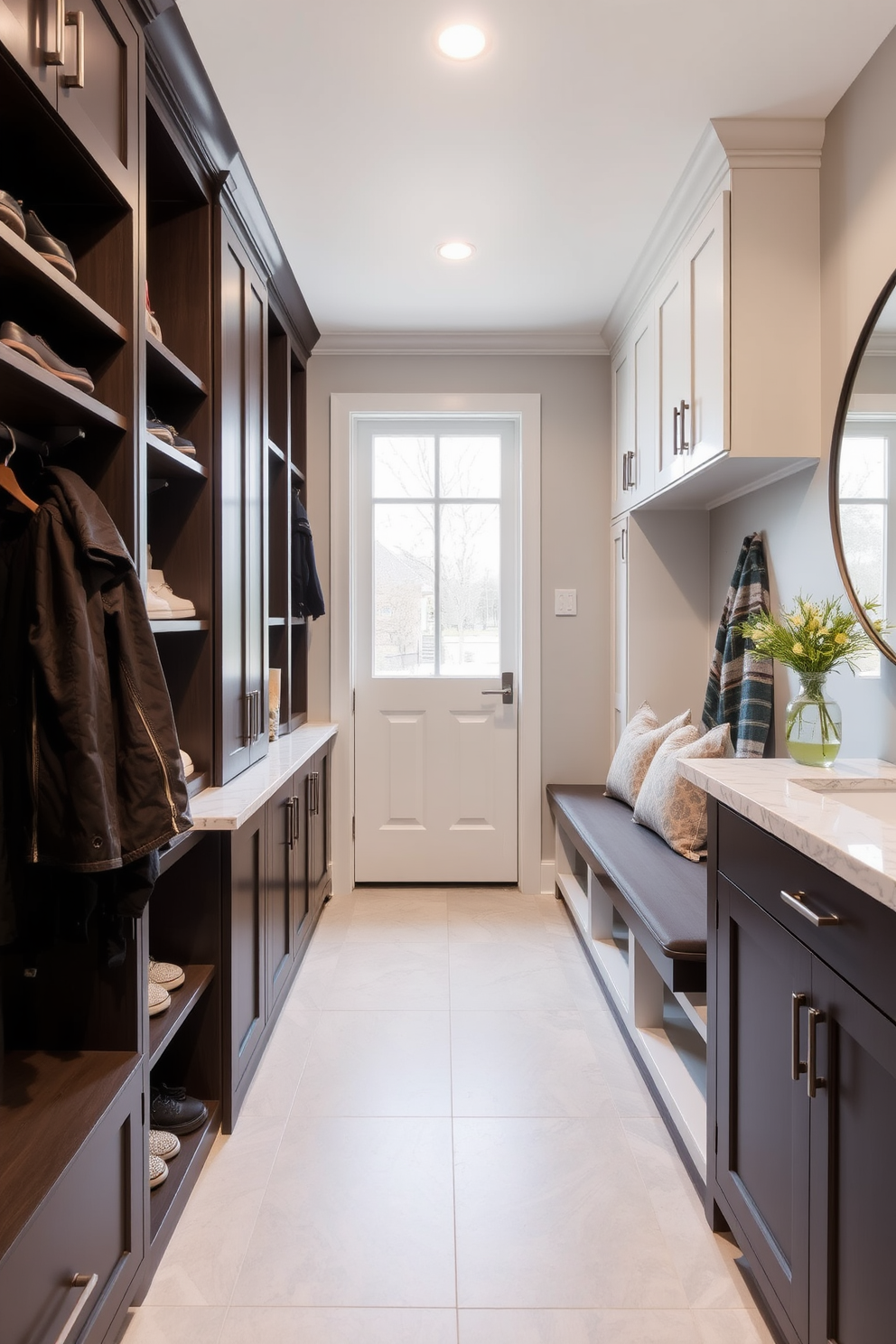 A contemporary mudroom features easy to clean surfaces that combine functionality and style. The space includes sleek cabinetry with a minimalist design, providing ample storage for shoes and outerwear. Durable materials like ceramic tile flooring and quartz countertops ensure practicality while maintaining a polished look. A built-in bench with cushions offers a comfortable spot to sit while removing shoes, enhancing the overall design.