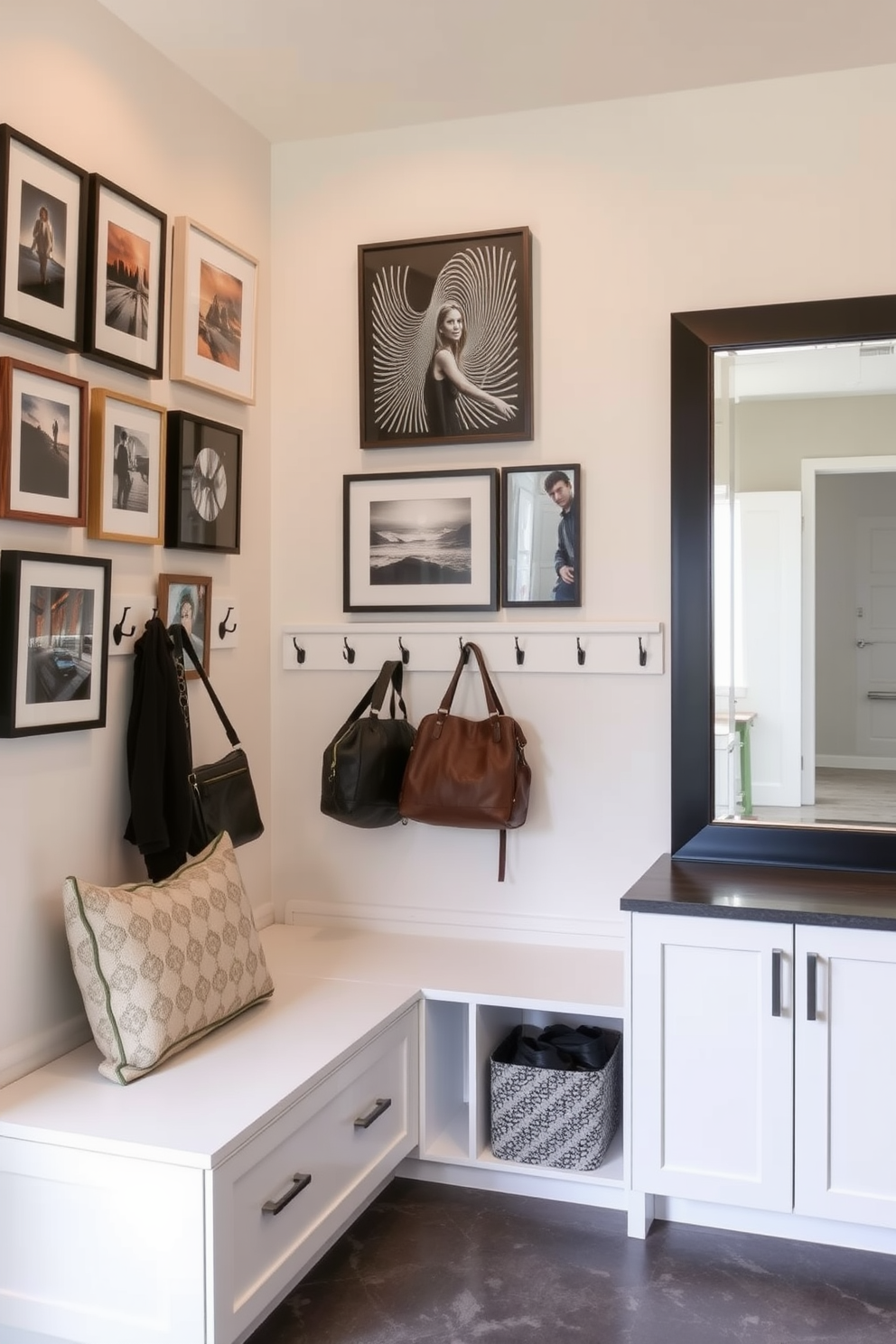 A contemporary mudroom featuring natural wood cabinetry and a stone-tiled floor. The space includes built-in benches with plush cushions and hooks for hanging coats, creating an inviting and organized entryway.