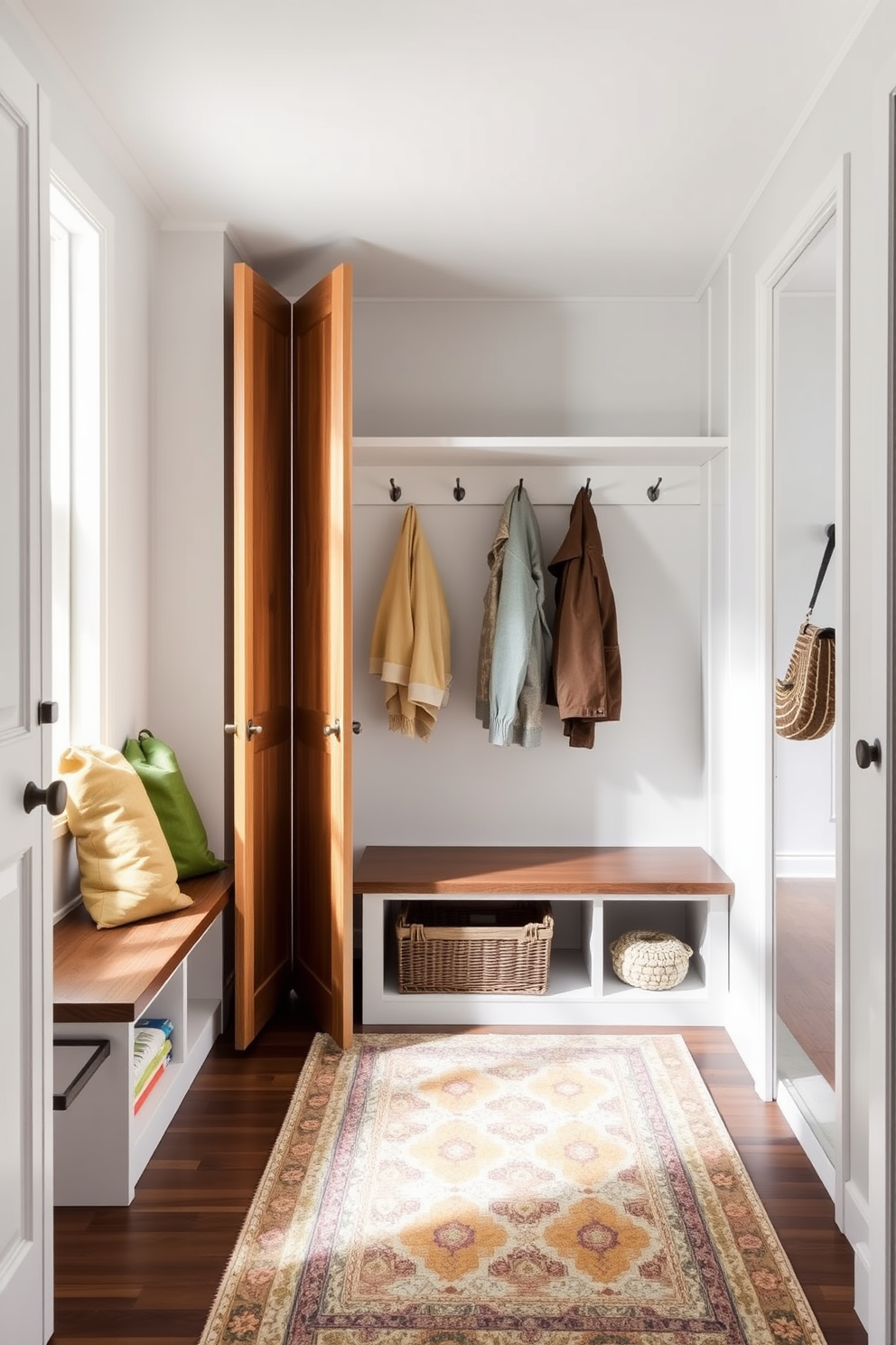 Chic folding doors for compact spaces. The doors feature a sleek design with a warm wood finish, allowing for seamless integration into the mudroom's aesthetic. Contemporary mudroom design ideas. The space includes built-in storage benches, hooks for coats, and a stylish area rug that adds a pop of color while maintaining functionality.