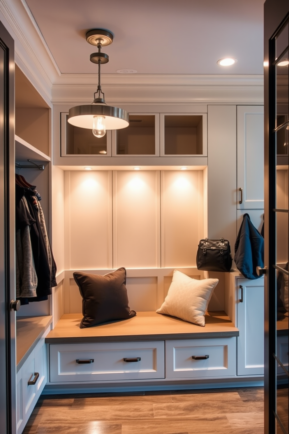 A contemporary mudroom features sleek sliding doors that open to a well-organized space. The room is designed with practical storage solutions, including built-in benches and cubbies for shoes and coats.