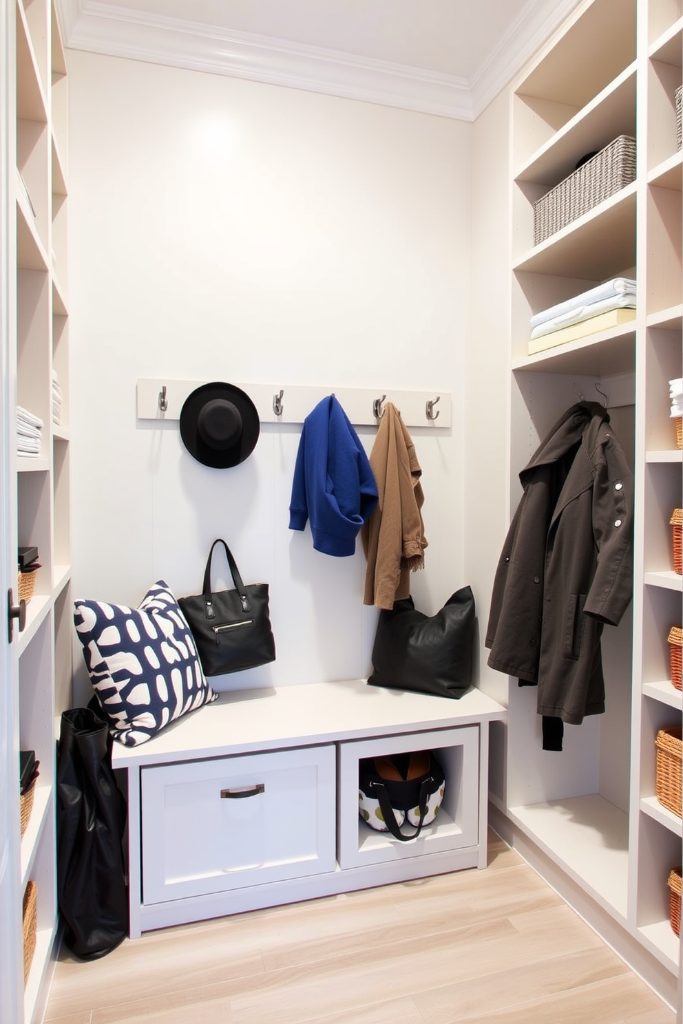 Open shelving lines the walls of a contemporary mudroom, providing easy access to everyday items. The space features a sleek bench with storage underneath, complemented by hooks for coats and bags.